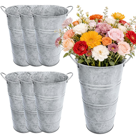 12 Inch Galvanized Metal Flower Buckets, Set of 6 - Rustic Tin Vases with Handles for Farmhouse & Wedding Decor, Tall Planters for Cut Flowers, Table Centerpiece & Home Organization