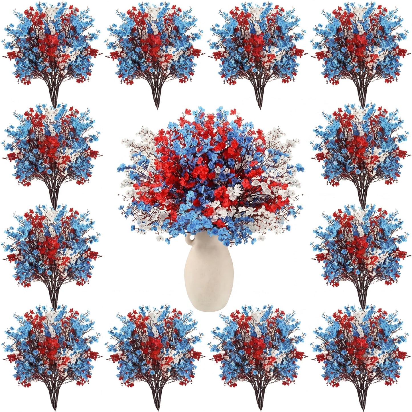 Lyrow 48 Pcs Red Blue White Patriotic Artificial Flowers 4th of July Table Centerpieces Decor Fake Babys Breath Pick Stems Floral Arrangement for 250th Anniversary Veterans Day Home Outdoor