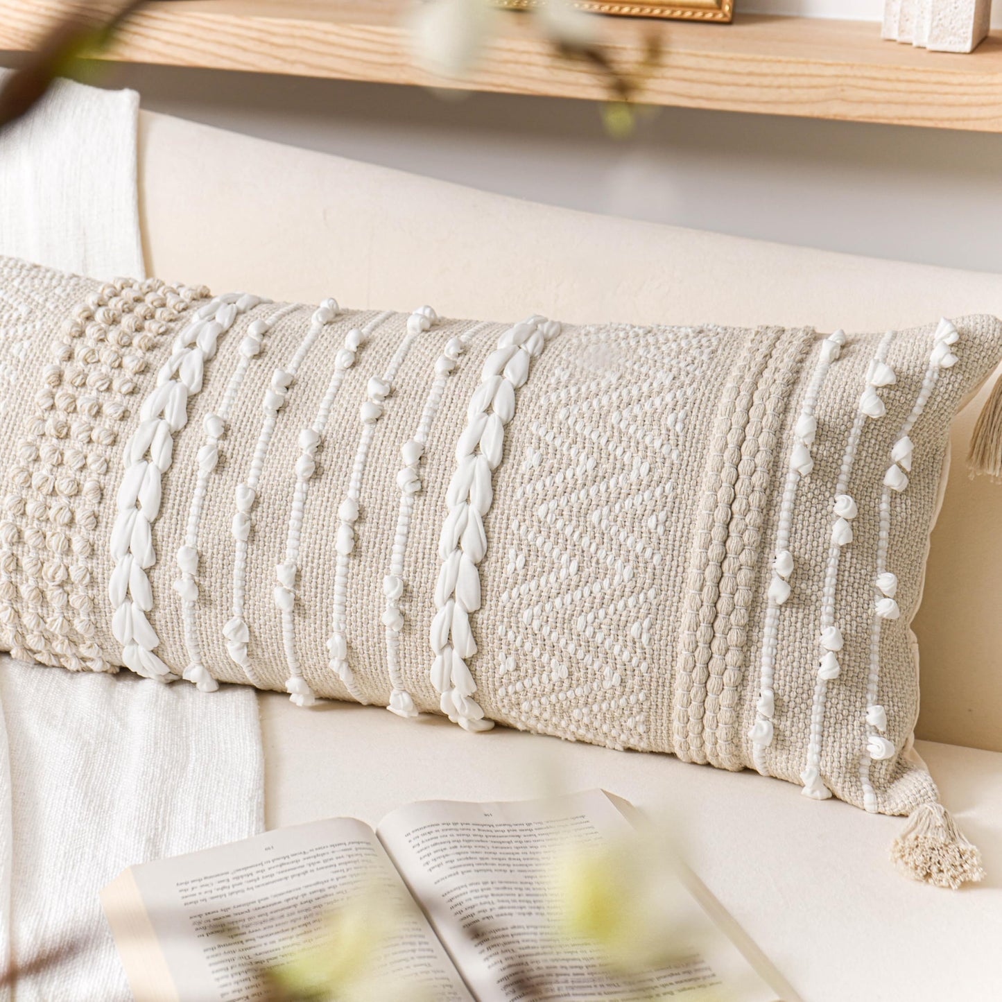 BlissBlush Cream Decorative Lumbar Throw Pillow Cover 14x36 Boho Long Cushion for Bed Neutral Beige White Accent Modern Farmhouse Pillowcase for Bedroom Living Room Couch Sofa Home Décor Cover ONLY