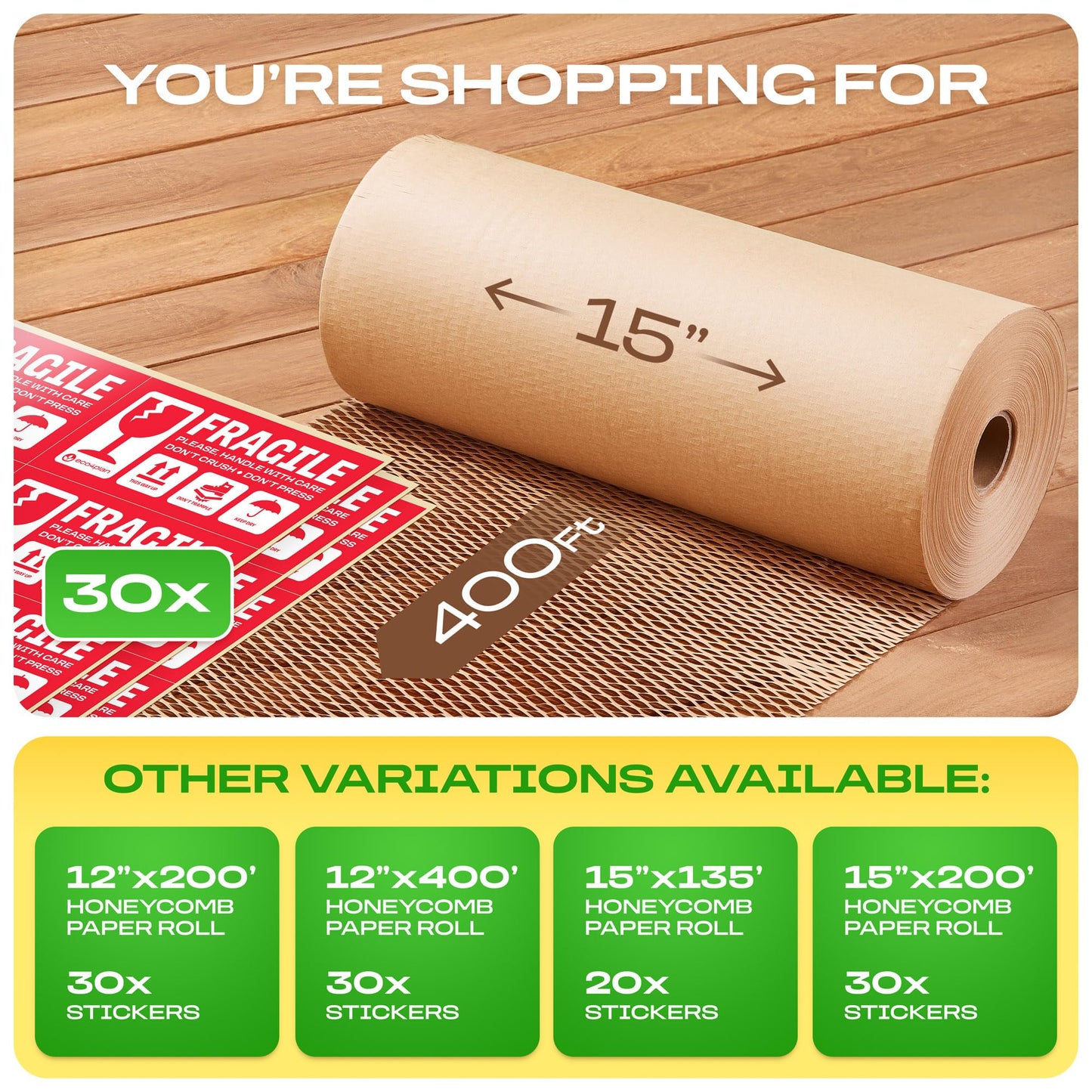eco4plan Honeycomb Packing Paper | Extra Thick 90 GSM Packing Wrap | Biodegradable Packing Materials: 15” x 400’ Moving Paper + 30 Fragile Stickers | Paper Bubble Wrap/Packing Bubbles Substitute