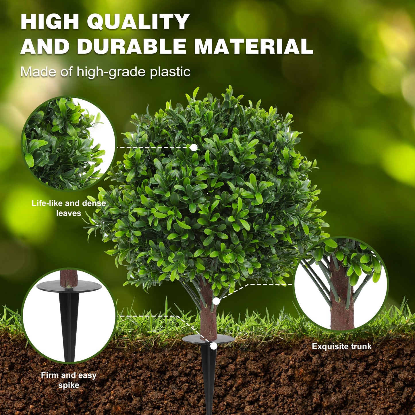 JTING' CHOISIR Set of 2 Artificial Boxwood Topiary Ball Trees with Ground Spike, 26 Inches UV Resistant Fake Plant Bushes Shrubs, for Indoor Outdoor Front Porch Garden (Boxwood)