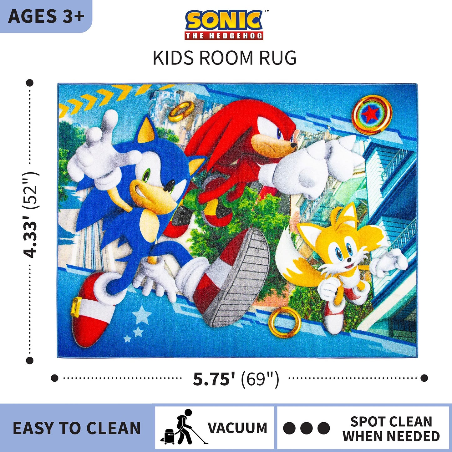 Franco Kids Room Non Slip Area Rug, 69 in x 52 in, Sonic The Hedgehog