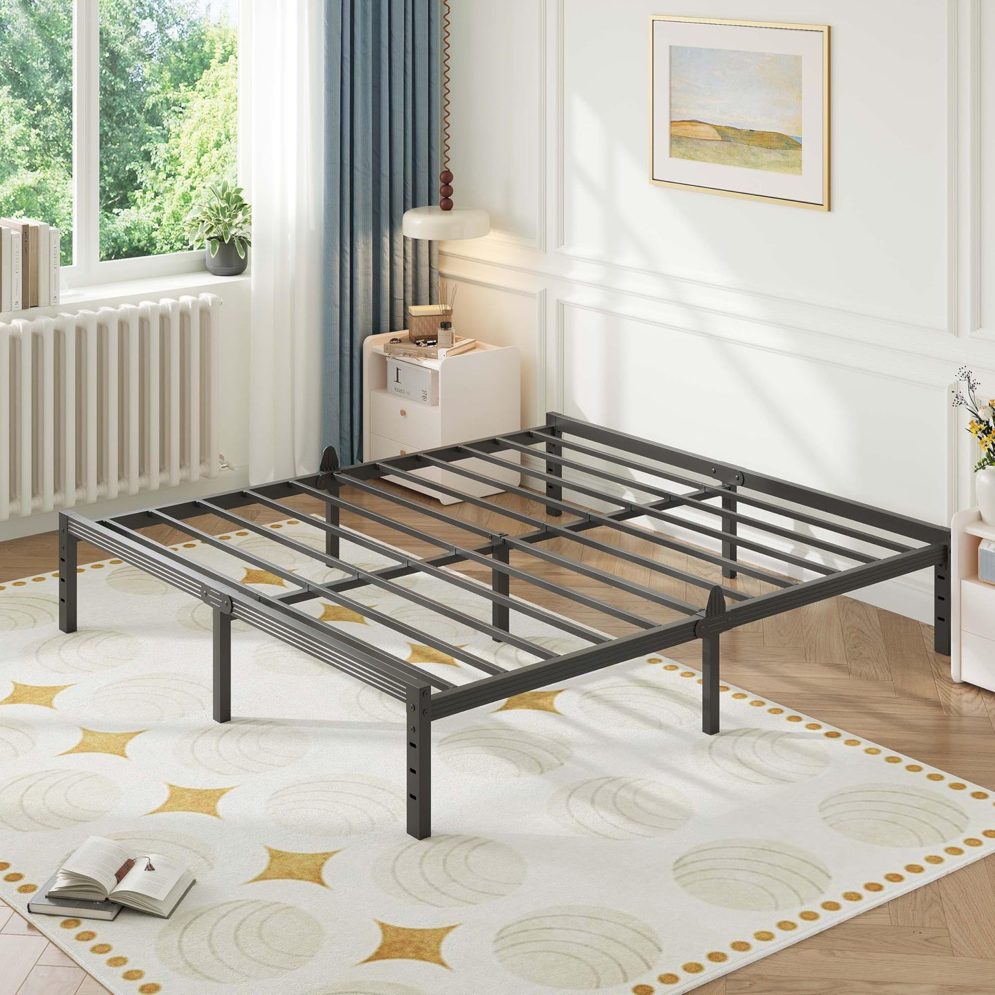 ZIYOO 14 Inch Metal Queen Bed Frame Mattress Anti-Slip Design, No Box Spring Needed, Easy Assembly, Noise-Free, Tools Included, Ideal for Bedrooms, Guest Rooms, Dorms, Hotels & B&Bs