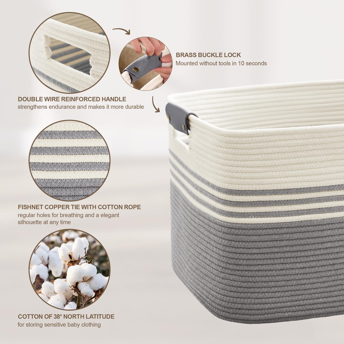 SunNewt 86L Extra Large Laundry Basket with Leather Handles for Living Room Storage, Woven Rope Baskets for Blanket, Kids Toy, Gifts, Wicker Hamper for Bedroom Dirty Clothes, 24"x16"x14" White Grey