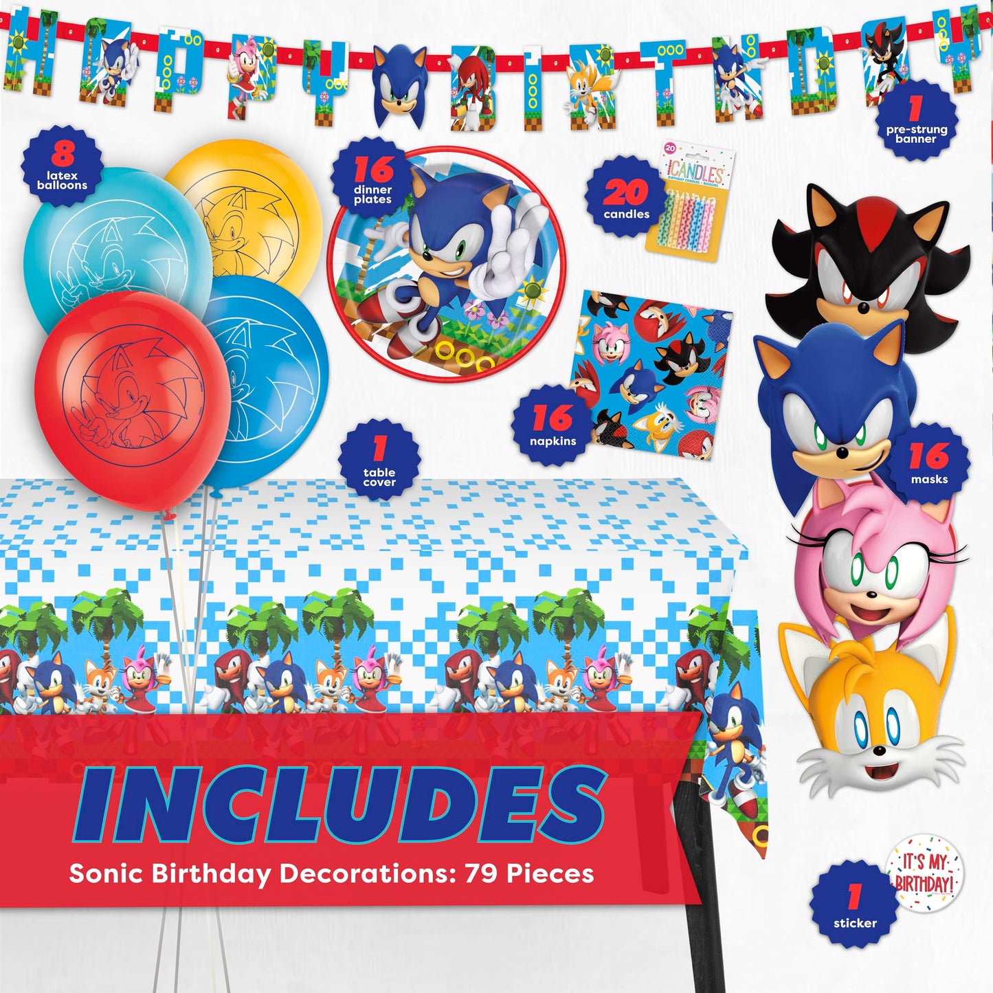 Sonic Birthday Party Decorations | Serves 16 Guests | Balloons, Masks, Banner, Tablecloth, Plates, Napkins, Candles, Sticker | Officially Licensed