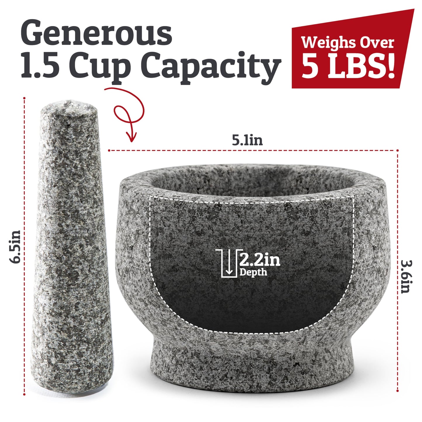PriorityChef Mortar and Pestle Set, Heavy Duty Natural Granite, Make Fresh Guacamole at Home, Solid Stone Grinder Bowl, Herb Crusher, Spice Grinder, 1.5 Cup Size, Unpolished Grey