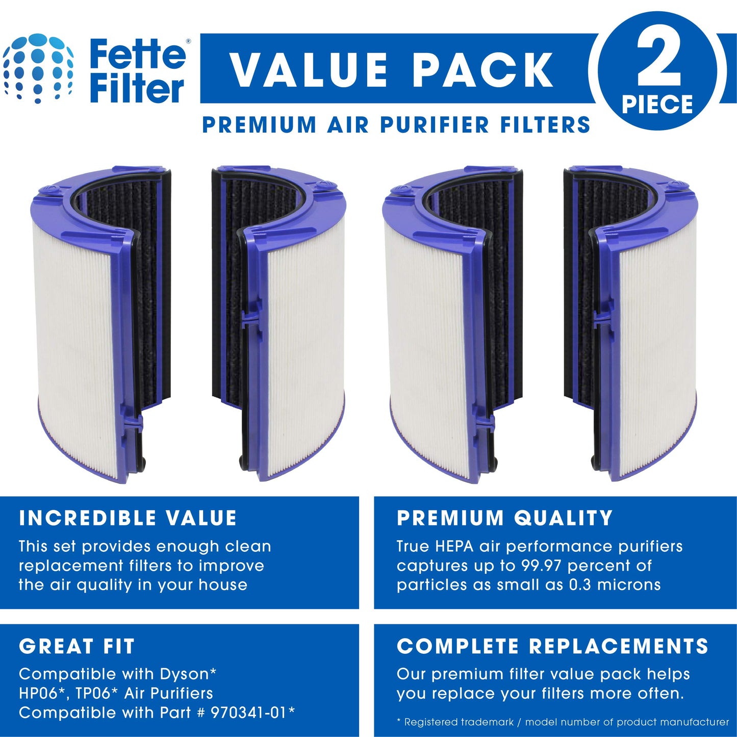 Fette Filter - 2 - Premium Air Purifier Filter Replacement Compatible with Dyson HP06, HP09, TP06, TP09, PH01, PH02, PH03, PH04, HP07, TP07 (Part No.970341-01 & 965432-01) - Pack of 2