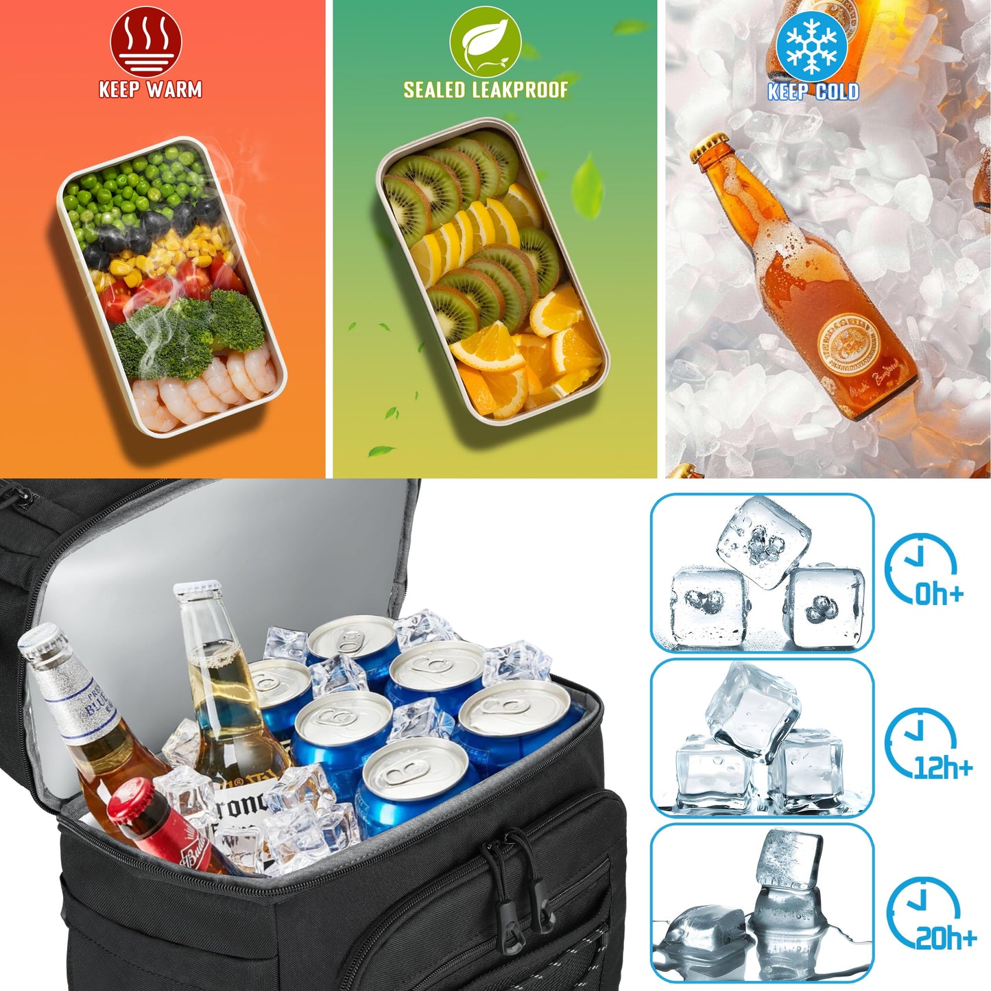 MOZETO Lunch Cooler Backpack Double Deck Lunch Box Backpack Insulated Leakproof Compartments Coolers Bag for Beach Travel Picnic Lunch Hiking BBQ Camping