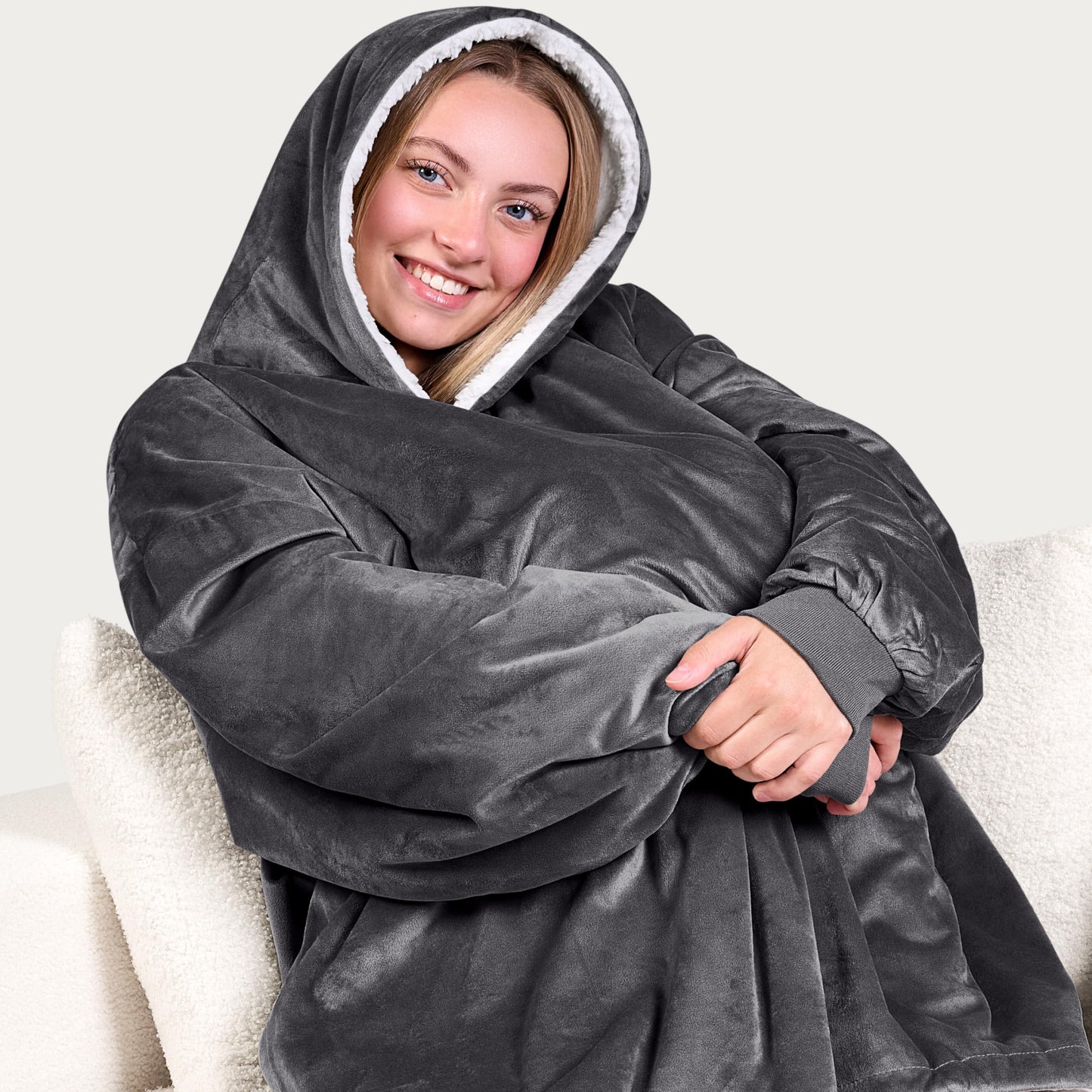 Bare Home Sherpa Fleece Wearable Blanket - Oversized Wearable Blanket Hoodie - Adult Size - Warm & Cozy - Soft Hoodie - Comfortable Sweatshirt with Two Zipper Pockets (Adult, Forged Iron Grey)