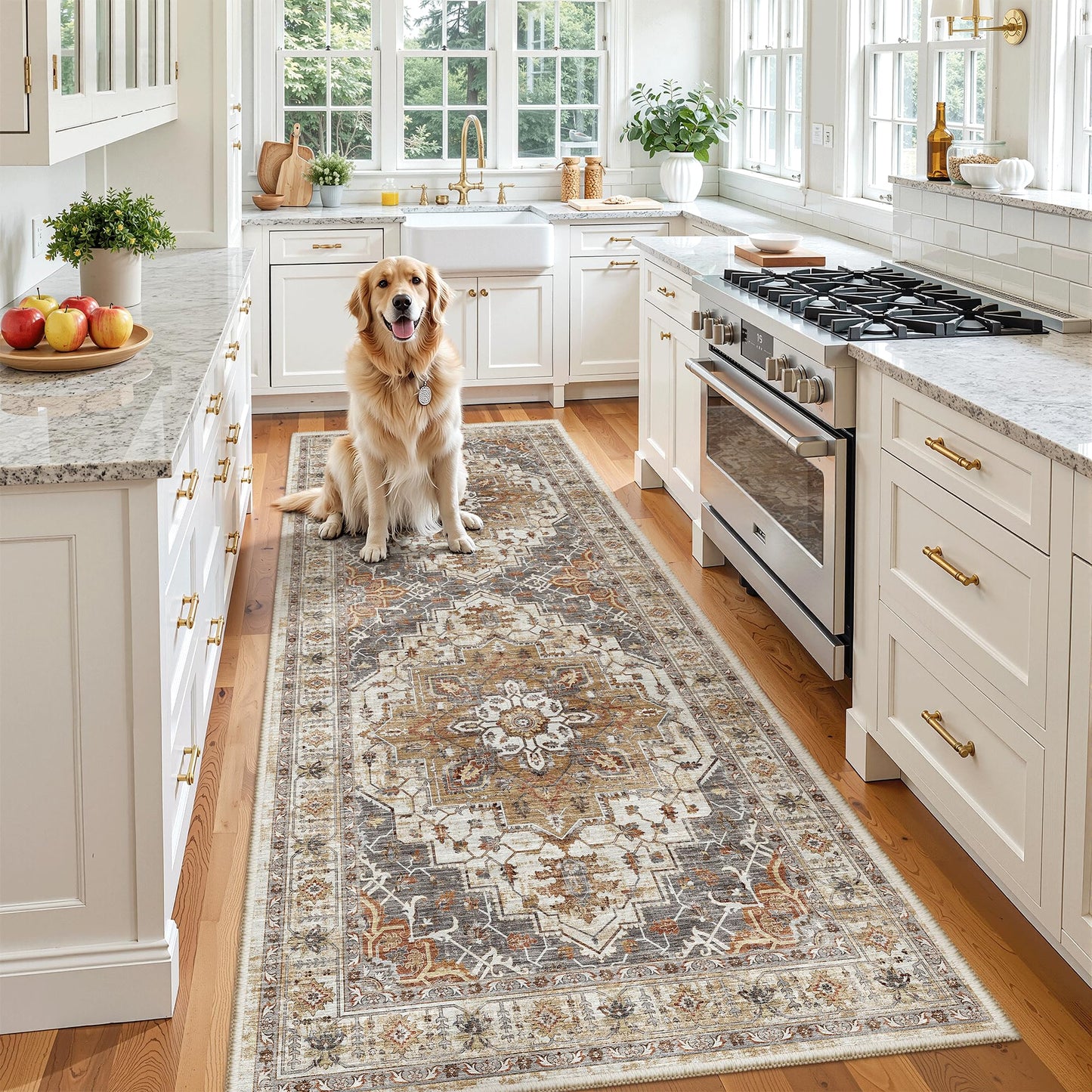 Madane Hallway Runner 3x8, Kitchen Rugs Washable Entryway Rug Vintage Kitchen Runners Non Slip Indoor Area Rug Farmhouse Carpet Runner for Bathroom Living Room Bedroom (3 X 8, Turmeric/Grey)