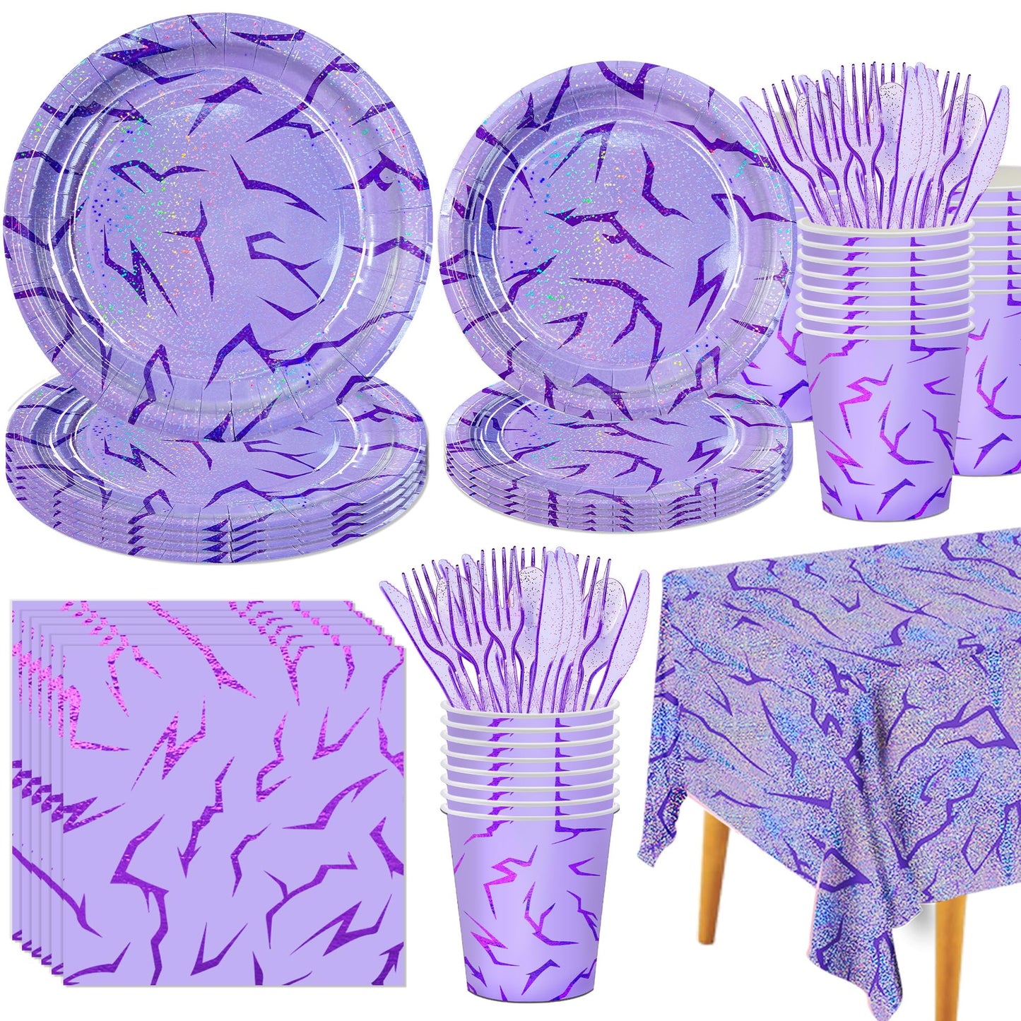 Demon Hunter Birthday Tableware Decor for 20Guests, Purple Holographic Laser Energy Pattern Plates Cups Napkins Tablecloth Cutlery, Sparkling Korean Idol Movie Decoration for Party, Birthday, Bachelor