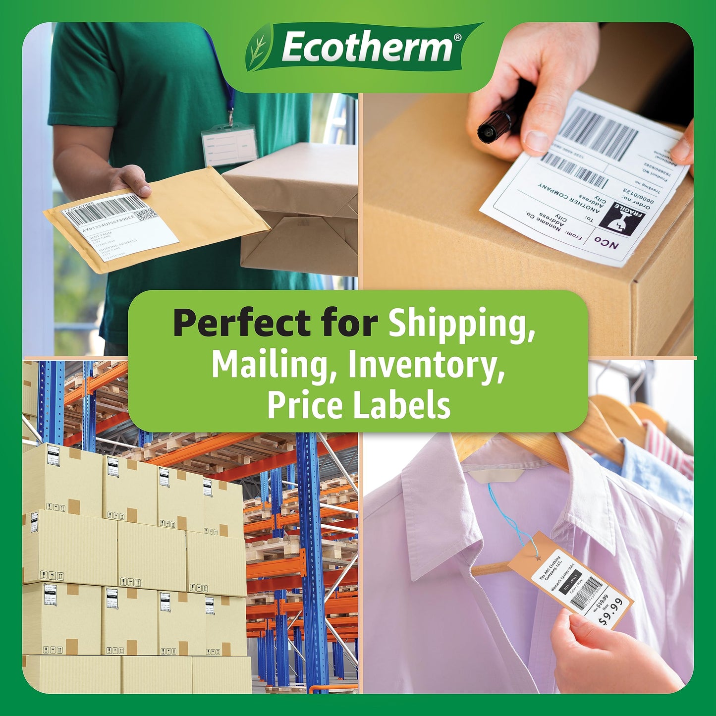 1" x .5" Thermal Labels | 4 Rolls | 9800 Labels | fits Zebra, Godex, Arkscan, iDPRT, Offnova Thermal Label Printers and More | Blank White Adhesive Stickers by Ecotherm