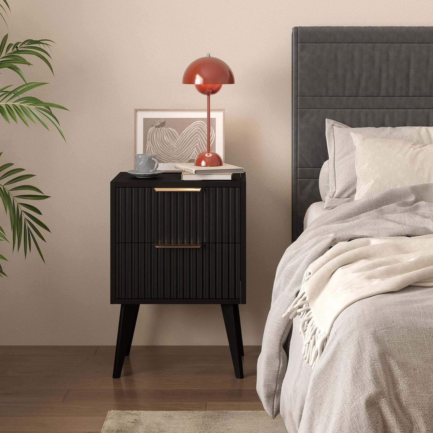 YAUKOMEL Black Nightstand,Mid Century Modern Bedside Table, Fluted Nightstand with 2 Drawers,Side Table with Wood Legs, End Table for Bedroom,Apartment,Dormitory,Small Space Black CTG55BK