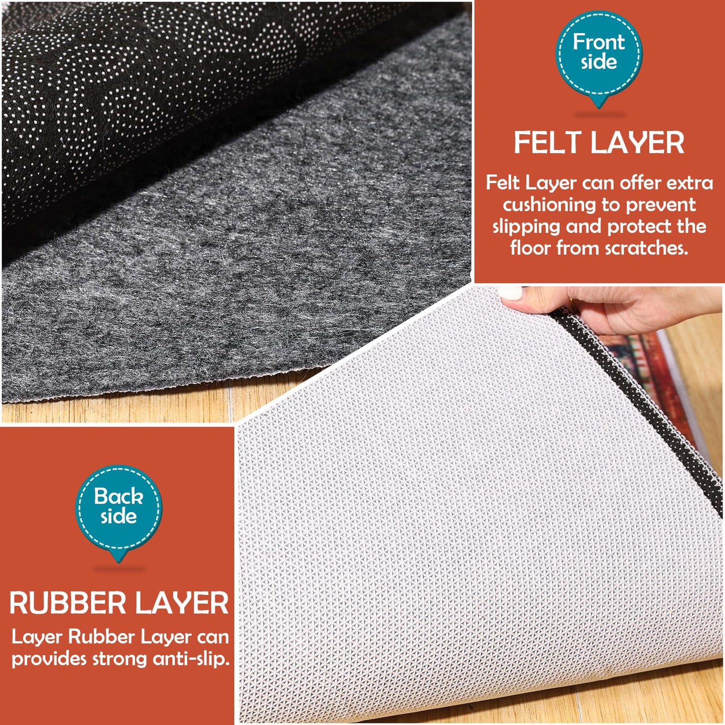 Waterproof Rug Pad, 5x8 Ft Under Area Rug Carpet Pad, Non Slip Rug Pads for All Floors and Hardwood Floors Finishes, Keep Carpets in Place Soft and Prevent Rug from Wrinkling or Buckling