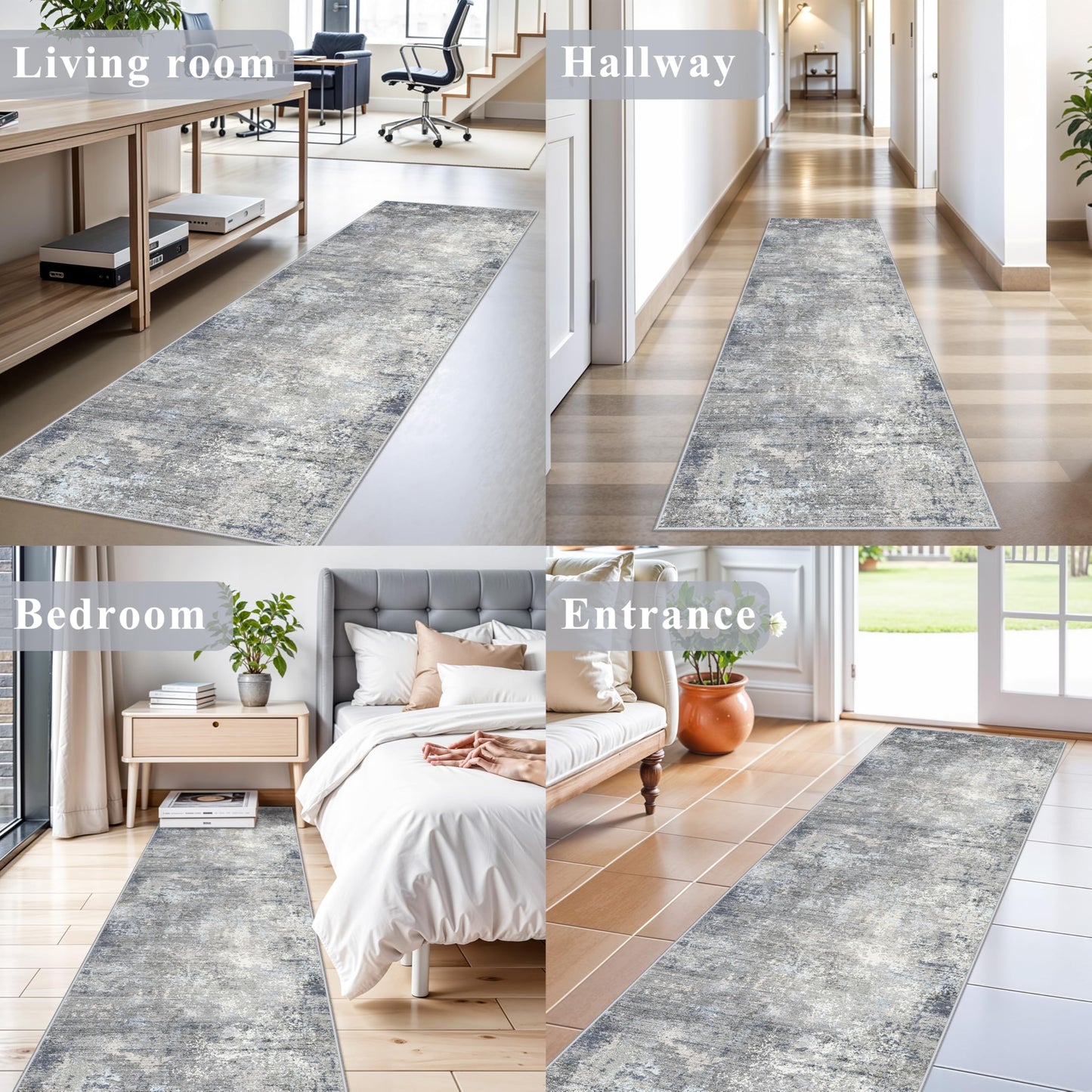 2x10 ft Washable Hallway Runner Rug – Non-Slip Stain-Resistant Low-Pile Long Carpet Runner for Kitchen Entryway Living Room Bedroom Bathroom, Modern Abstract Neutral (Blue Gray,2x10)