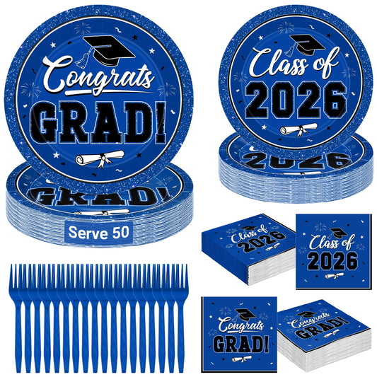 200Pcs Graduation Decorations 2026, Blue Graduation Plates and Napkins Party Supplies for 50 Guests, Disposable Grad Plates, Napkins, Dessert Plates and Forks for Grad Decor Wedding Birthday Supplies