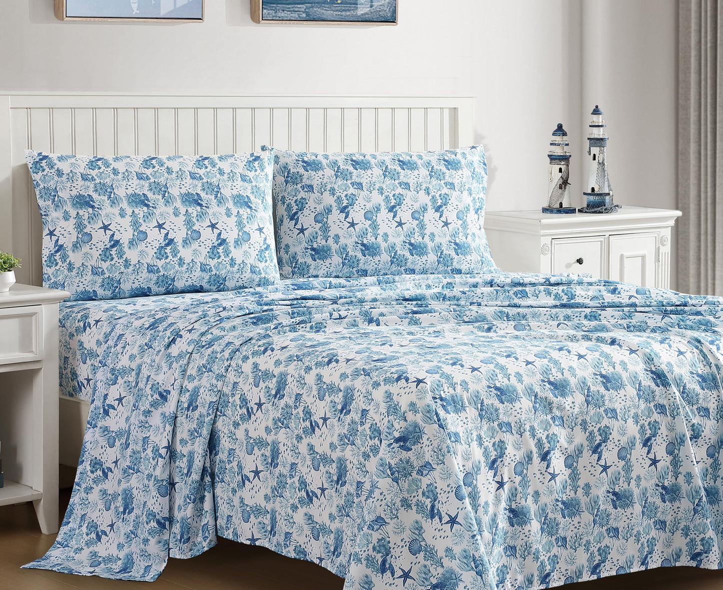 Beatrice Home Fashions Coastal Print Microfiber Sheet Set, Soft, Comfy, 12" Deep Pockets, Queen, Nautical Turtles