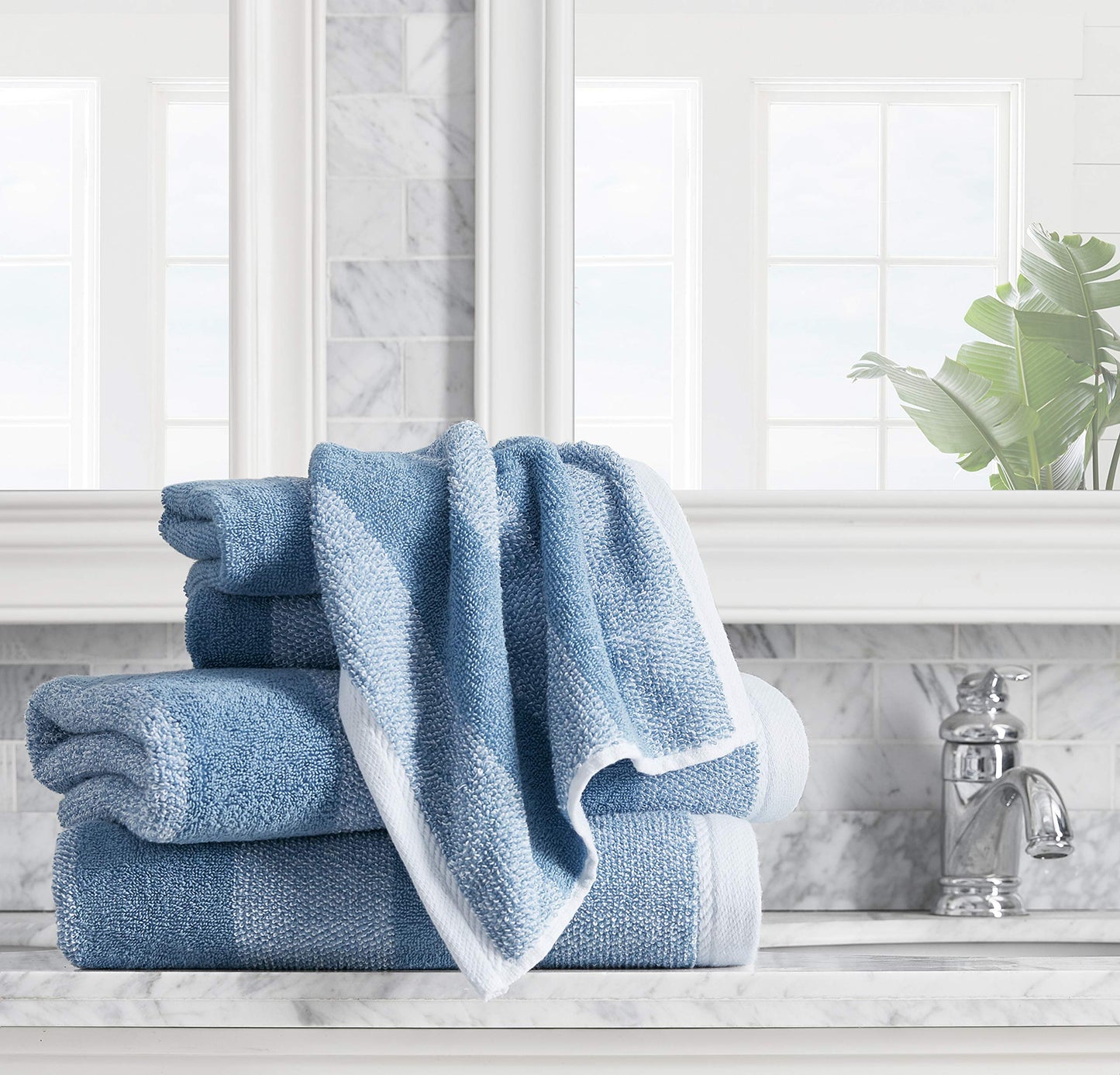Nautica - Bath Towel Set, Cotton Bath, Hand & Washcloths, Plush, Absorbent & Quick-Dry, Striped Americana Decor, Set of 6, Oak Lake Blue