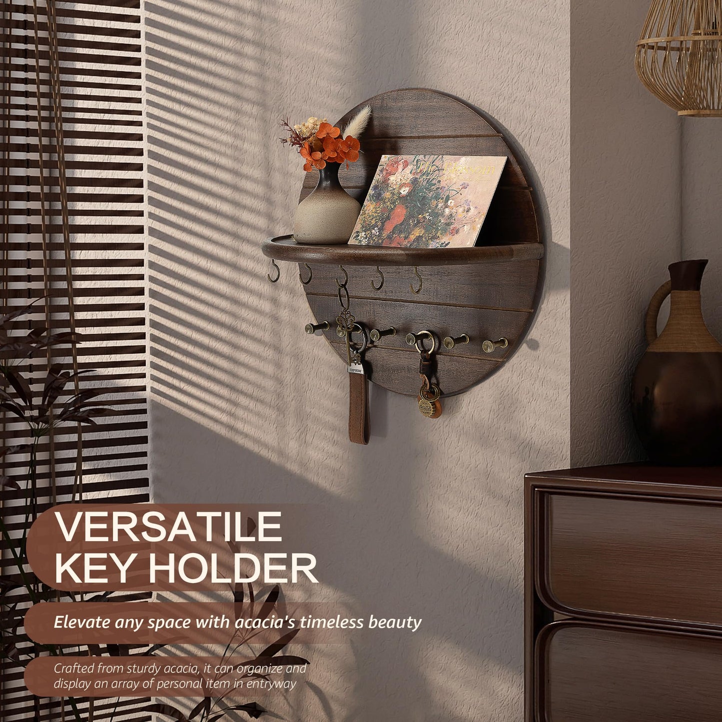 Rebee Vision Acacia Wood Decorative Key Holder Wall Mount for Home Decor- Farmhouse Round Key Holder for Wall with Shelf & 11 Hooks - Rustic Mail Organizer for Apartment Essentials (Dark Acacia)
