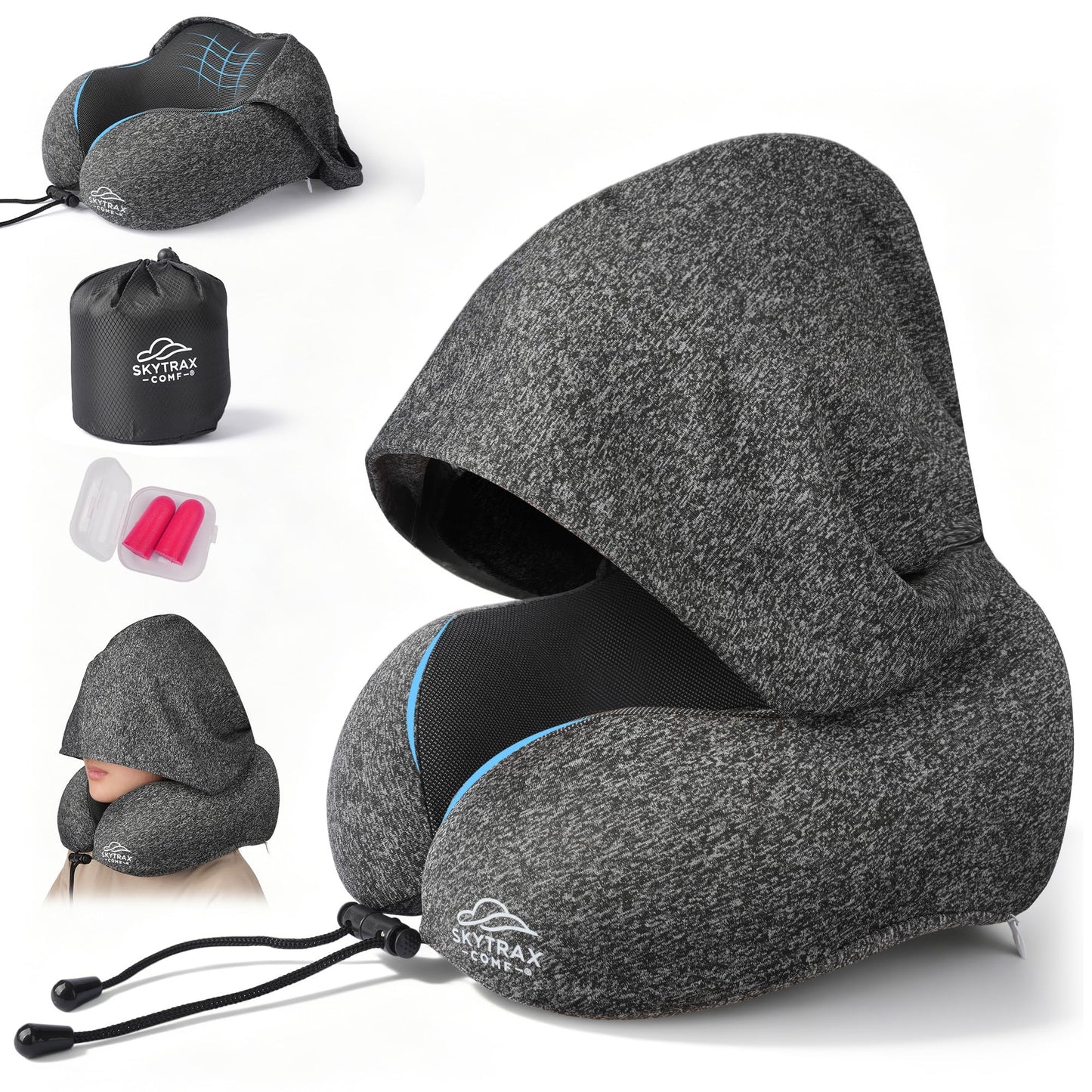 Travel Pillow with Extra Large Hood for Airplane Long Flights Privacy and Comfort Memory Foam with Skin-Friendly Cover for Road Trip Head&Neck Support for Plane Office Cars Sleeping & Rest (Grey)