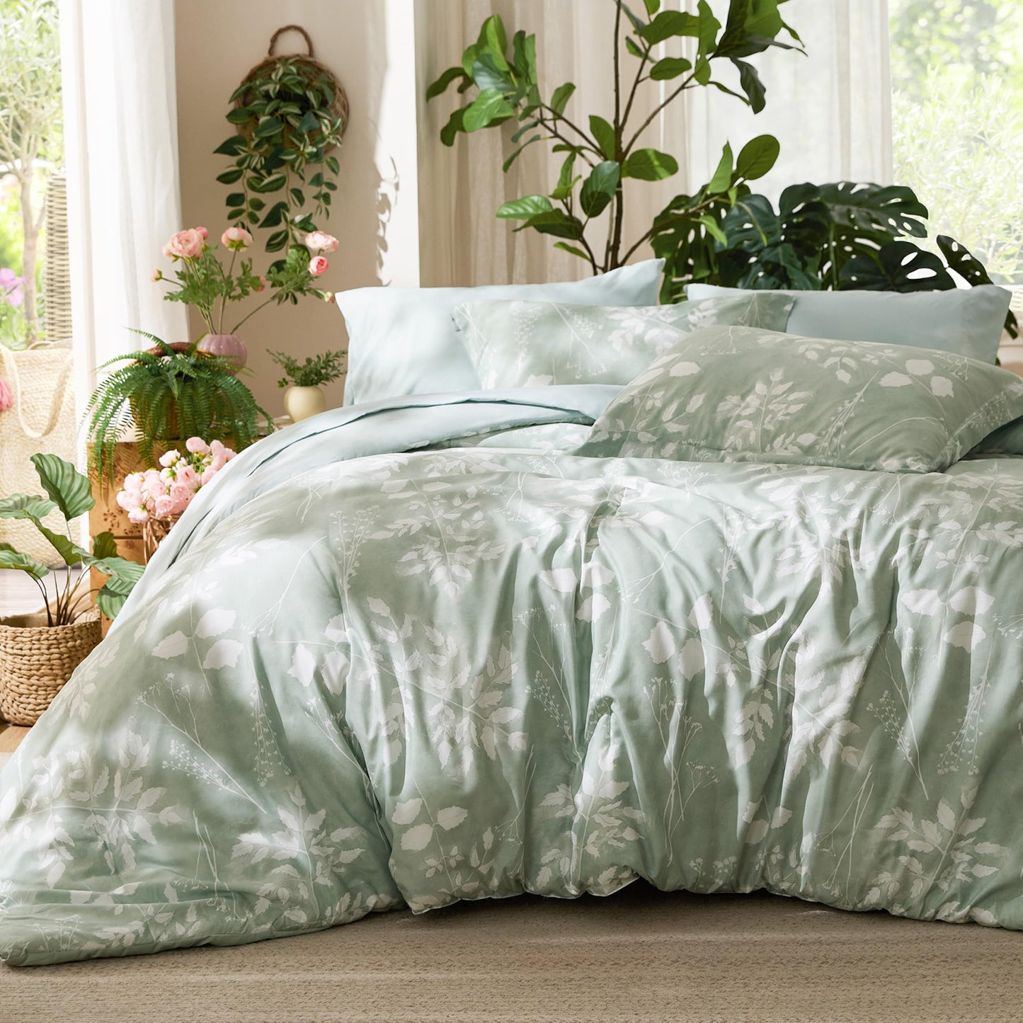 Bedsure Full Size Comforter Set - 7 Pieces Floral Sage Green Soft Bedding Sets, Full Bed in a Bag with Botanical Flowers Comforter, Sheets, Pillowcases & Shams