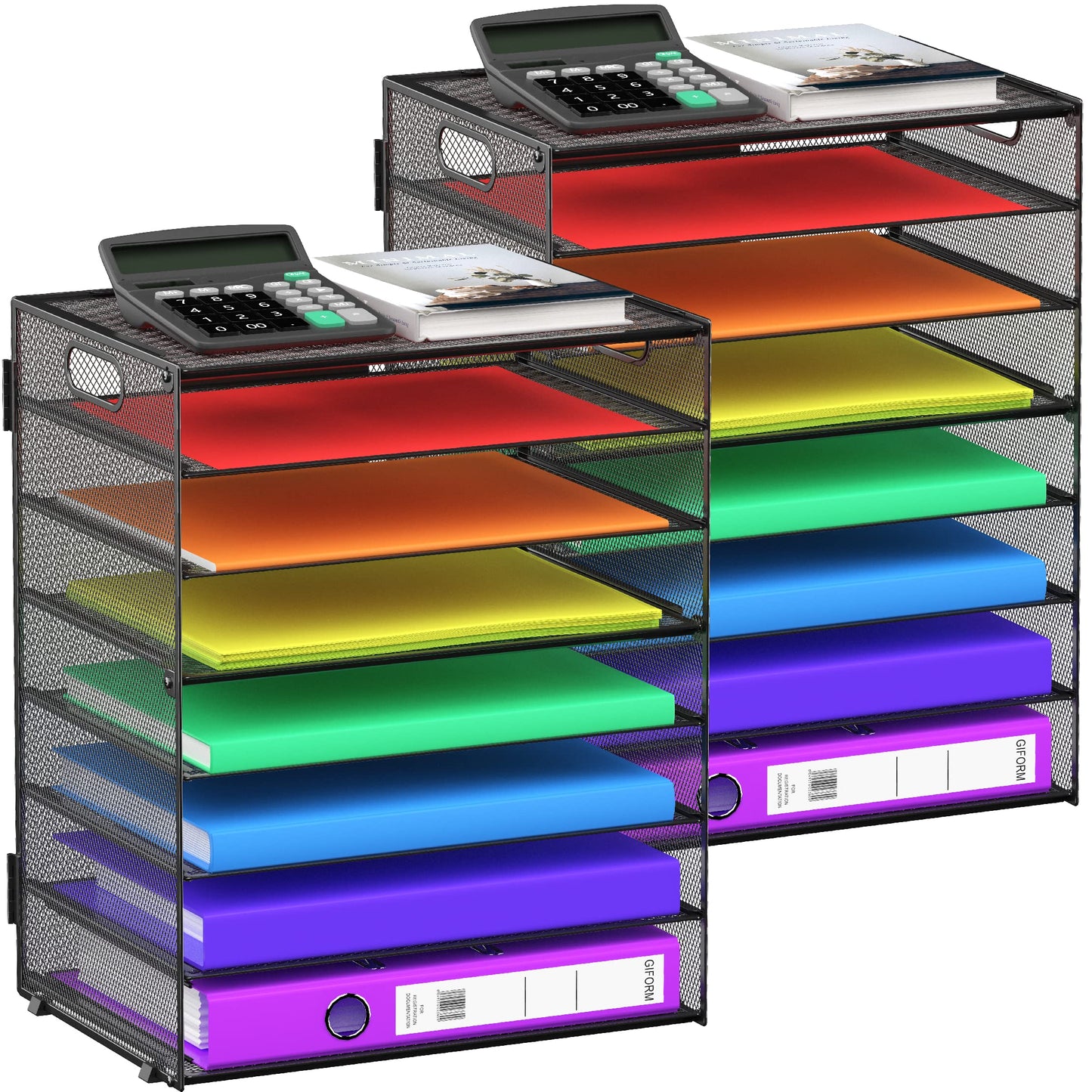 8 Tier Paper Letter Tray Organizer with Handles, Mesh Desk File Holder Storage Organization for Home School Classroom & Office (Black-2Pack)
