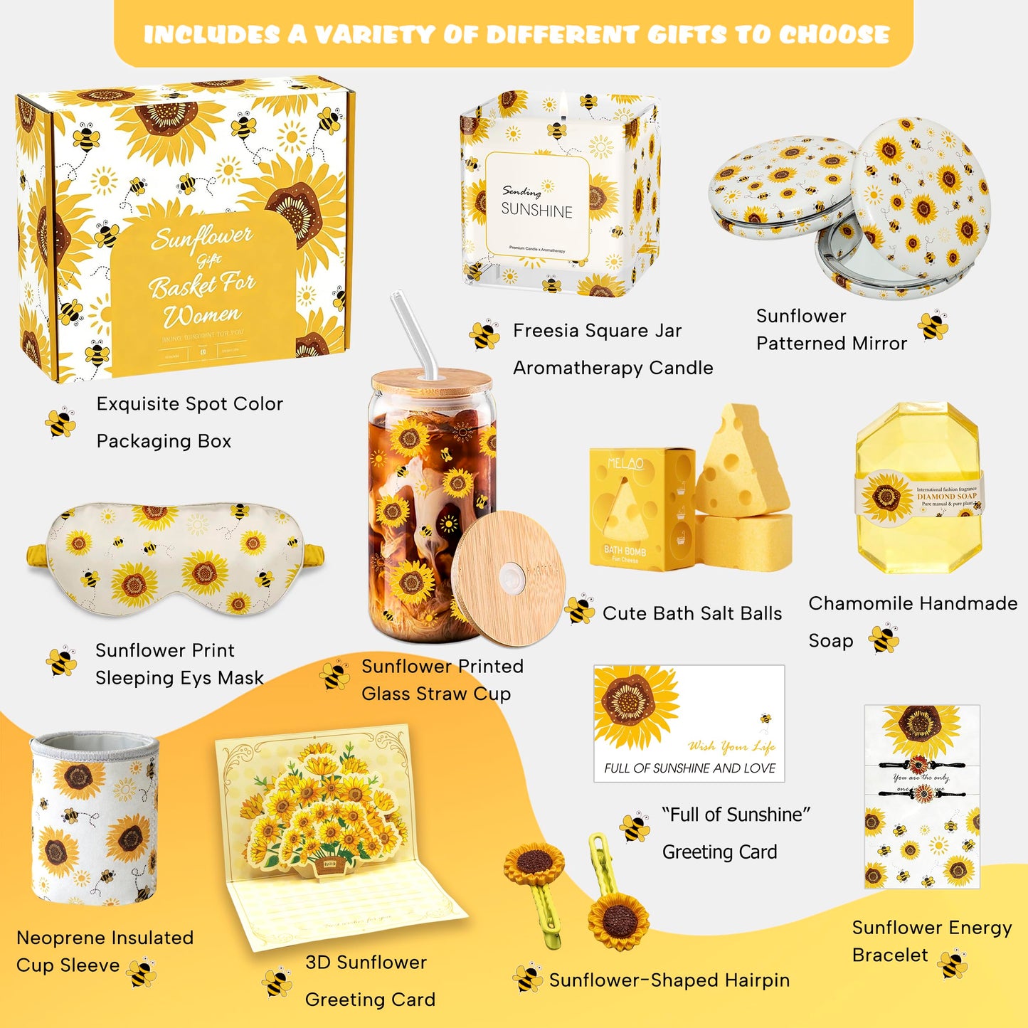 Sunflower Gift Baskets for Women, Sending Sunshine Unique Birthday Cheer Up Self Care Package, Get Well Soon Spa Gifts Set - Thinking of You Gift for Lover, Her, Girls, Women, Sister, Mom