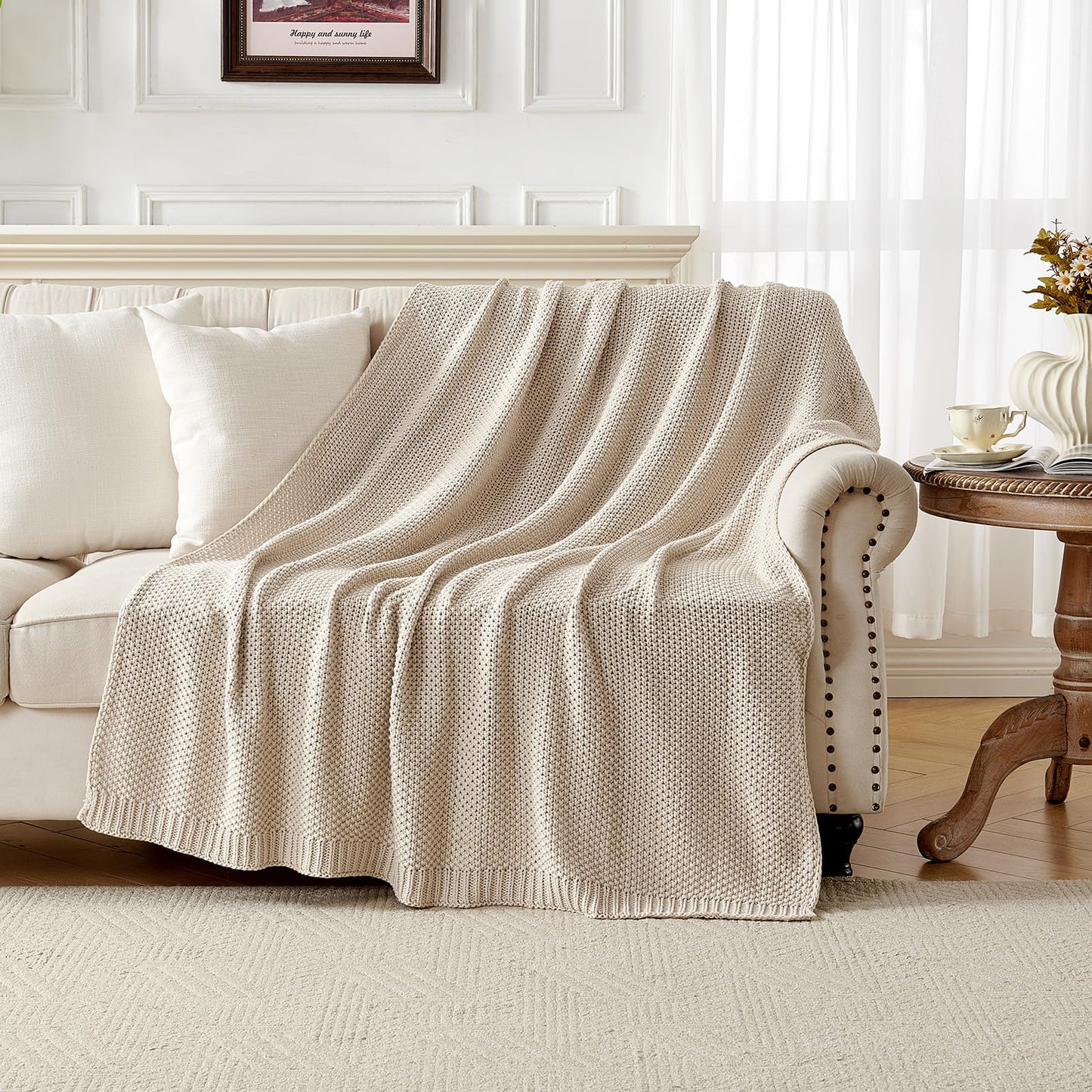 Joydeco Chunky Cable Knit Throw Blanket, Lightweight 100% Organic Cotton Soft Cozy Throw Twin Blanket for Couch Bed and Sofa, Rustic Breathable Farmhouse Blanket Gift for Women Men(Beige, 60"x80")