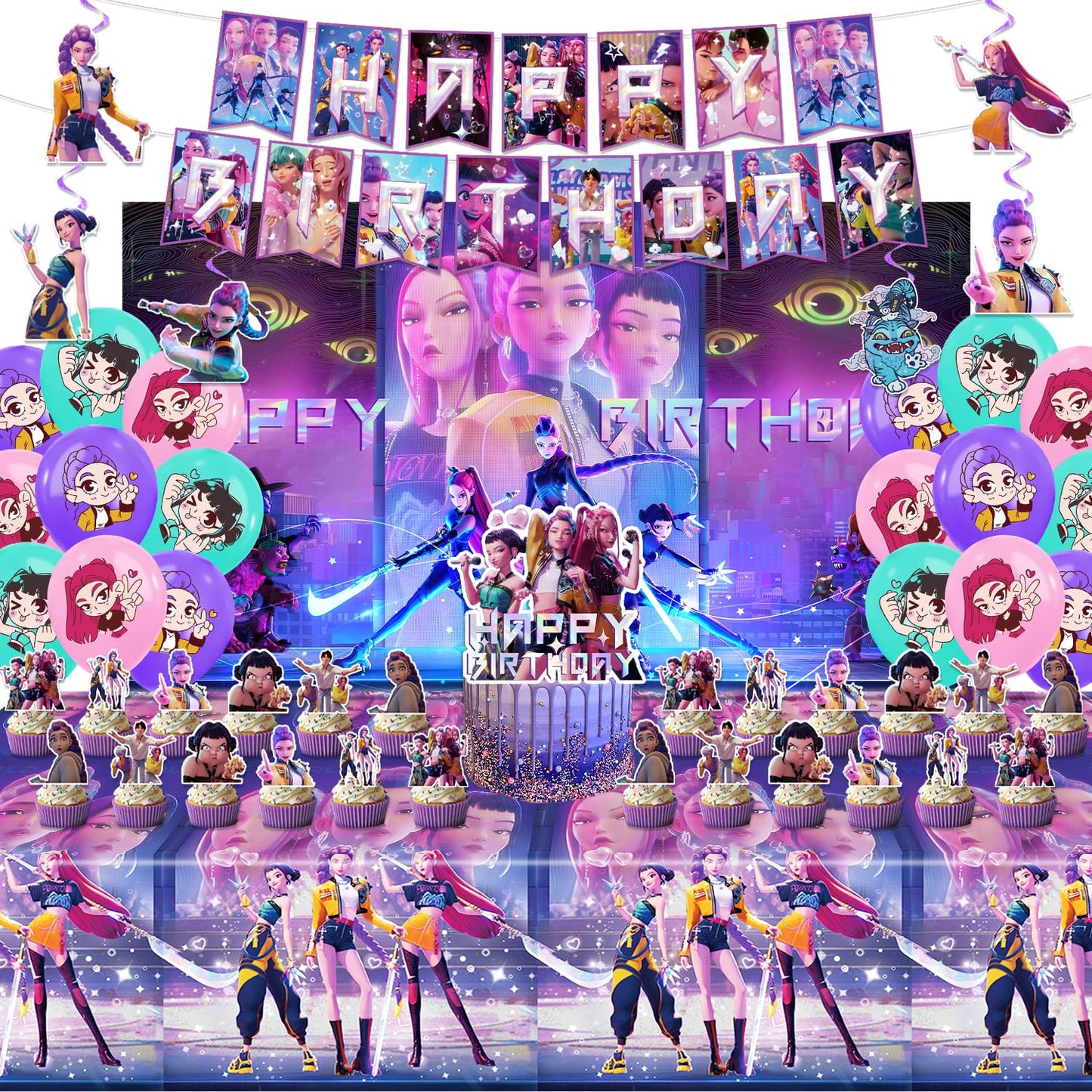 AIXPROBEAD Demon Hunters Birthday Decorations, Party Supplies Set Include Banner, Backdrop, Balloons, Hanging Swirls, Cake Cupcake Toppers, Tablecloth for Boys Girls Kpop Theme Party