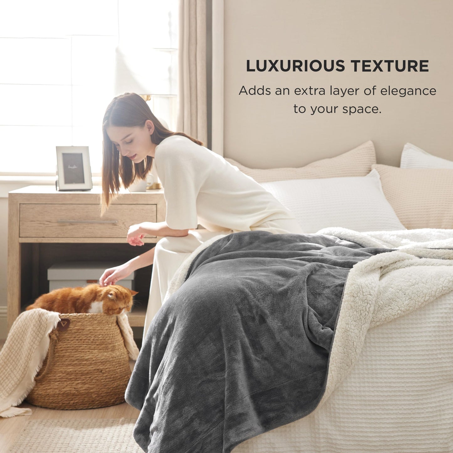 Bedsure GentleSoft Sherpa Fleece Queen Blankets for Bed, Non-Heated, Thick and Warm Throw for Women and Men, Soft Fuzzy Plush Queen Blanket for Winter, Grey, 90x90 Inches