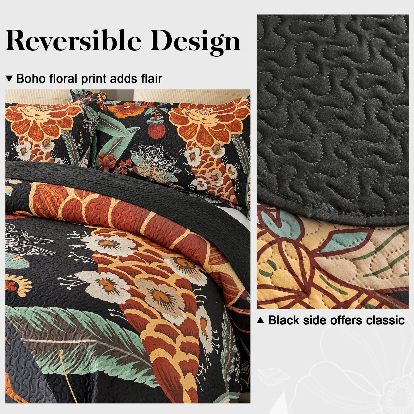 Tyrot 3 Piece Black Boho Floral King Size Quilt Sets Reversible Farmhouse Botanical Lightweight Bedspread Coverlet with 2 Shams Butterfly Microfiber Bedding Quilts Set for All Season, 106''x96''