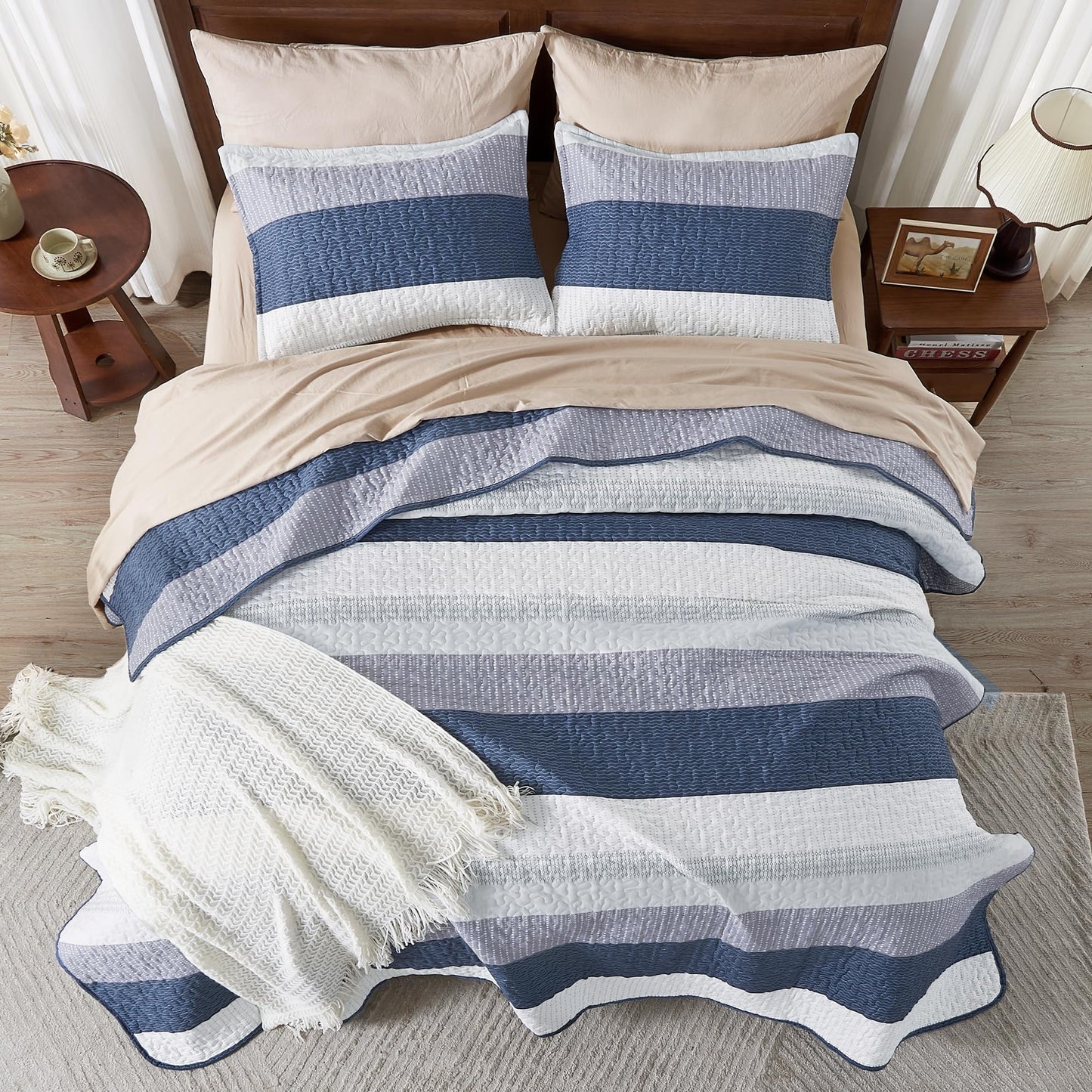 Andency Queen Quilt Bedding Set Mineral Blue, 3 Pieces Patchwork Summer Striped Ultra Soft Lightweight Bedspreads, Coverlets Set with 2 Pillow Shams for All Seasons (90"x96")