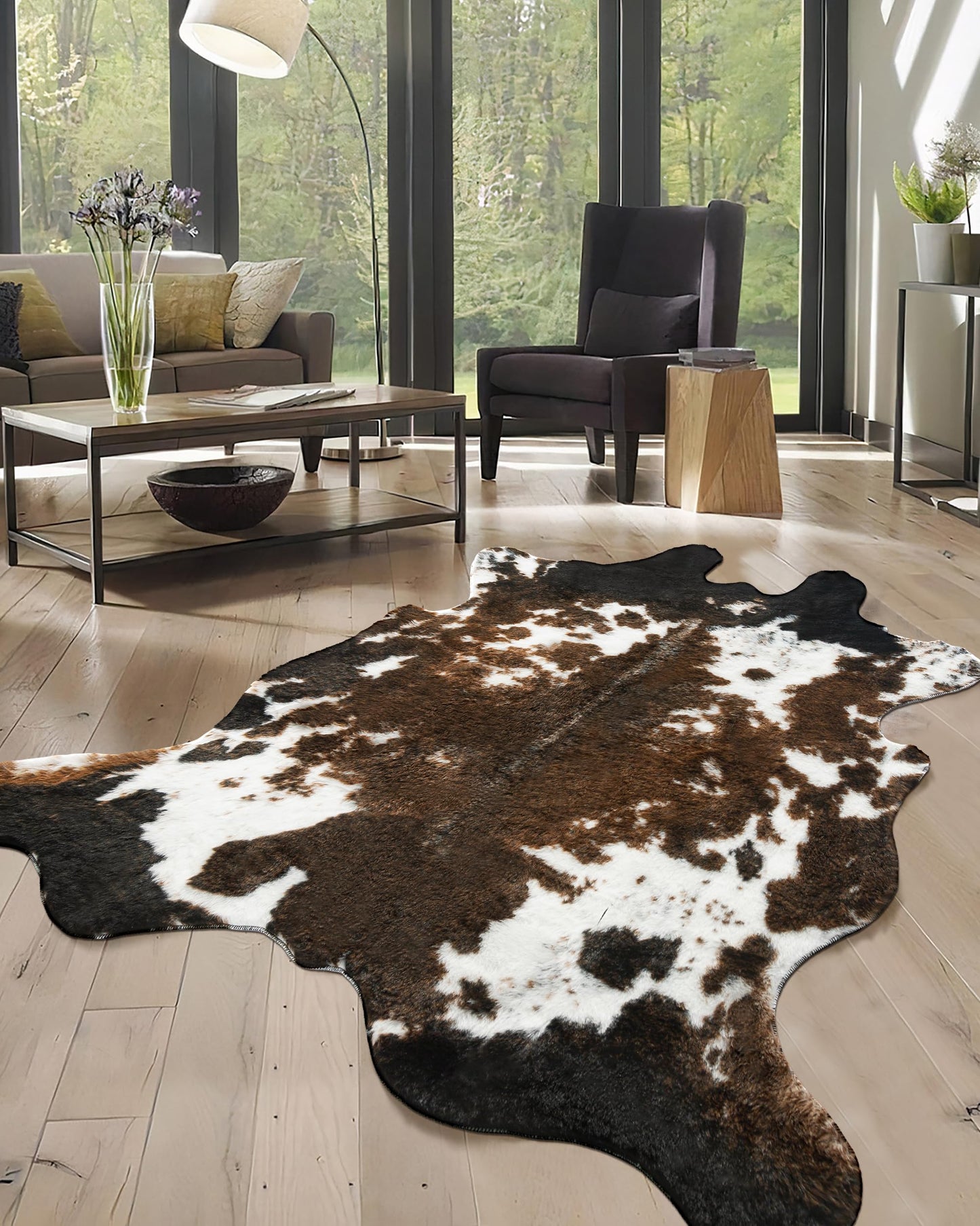 WMT NVMTER Faux Cowhide Rug, Fluffy Fur 4.6x5.2 Feet Washable Cow Print Rug for Living Room Bedroom Animal Print Hide Skin Rustic Western Décor Black and Brown