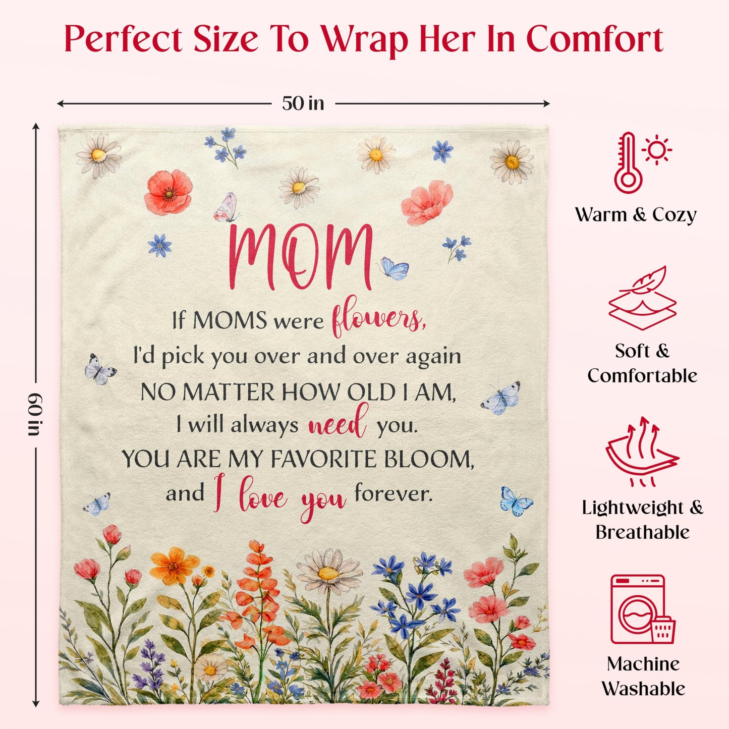 WRAPIX Mom Gifts from Daughters Sons - Soft Fleece Throw Blanket for Couch Bed 50x60 in - Mothers Day Birthday Gifts for Mom from Daughter Son, Sentimental Mothers Day Blanket, Mother Daughter Gift