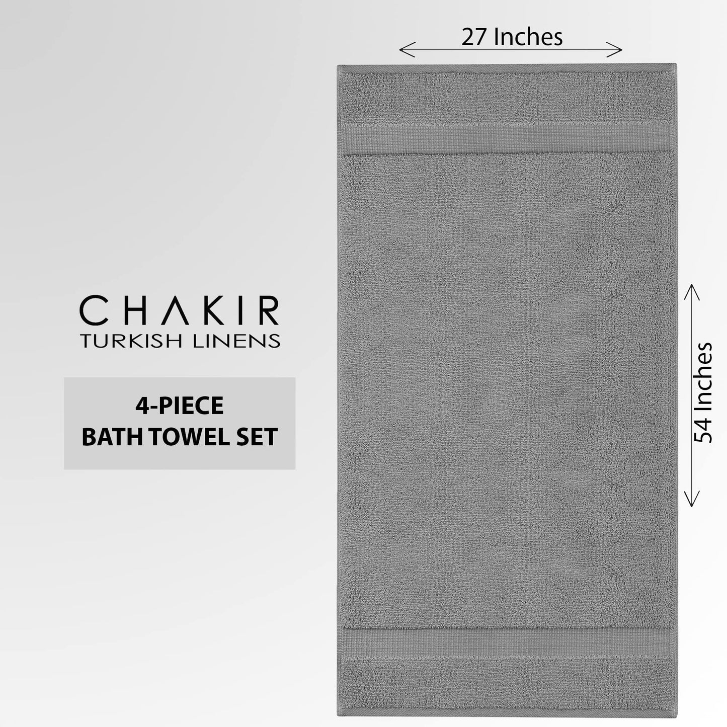 Chakir Turkish Linens 100% Cotton Premium Turkish Towels for Bathroom | 27'' x 54'' (4-Piece Bath Towels - Gray)