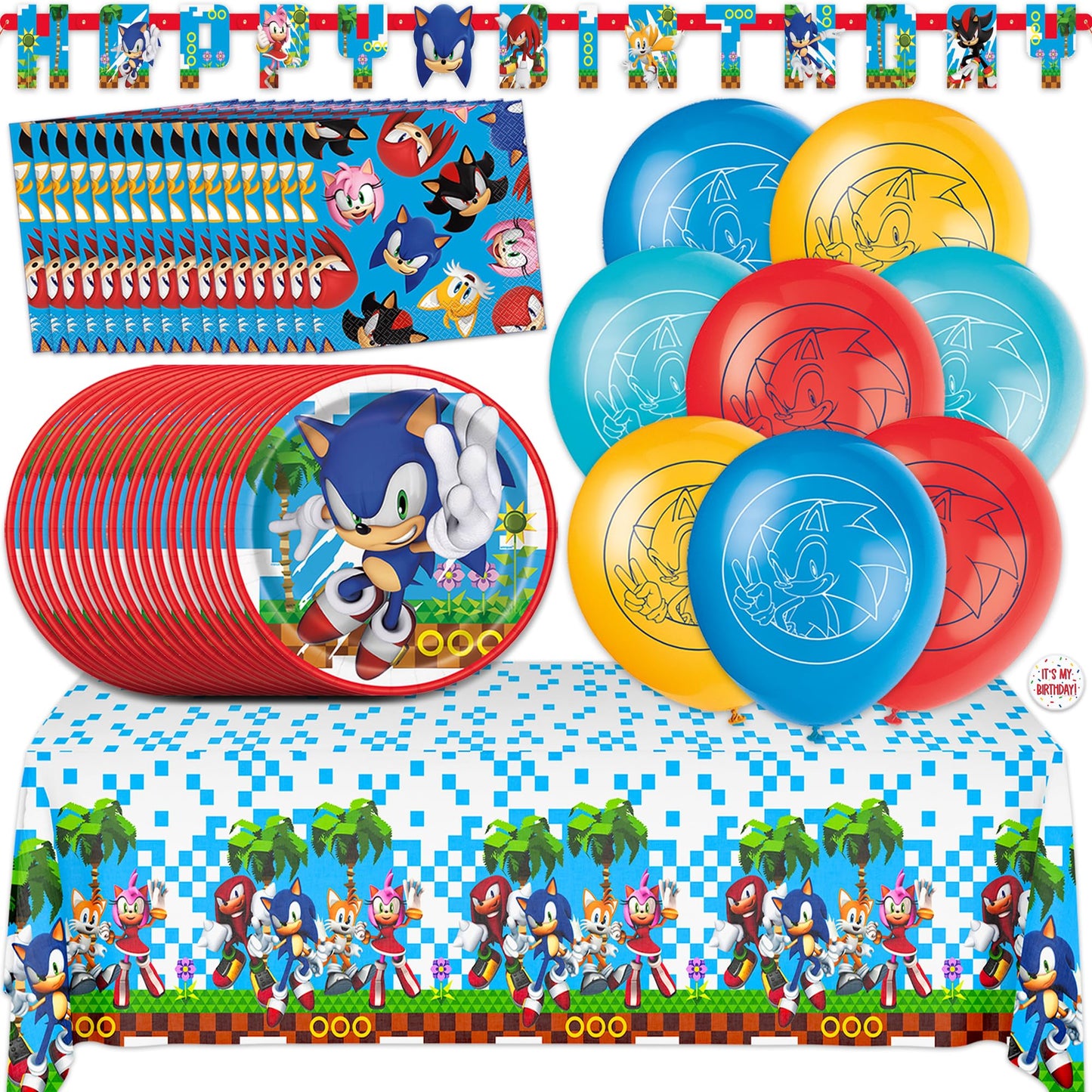 Sonic Birthday Party Decorations | Serves 16 Guests | Balloons, Banner, Tablecloth, Plates, Napkins, Sticker | Officially Licensed