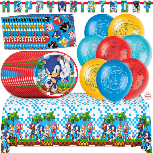 Sonic Birthday Party Decorations | Serves 16 Guests | Balloons, Banner, Tablecloth, Plates, Napkins, Sticker | Officially Licensed