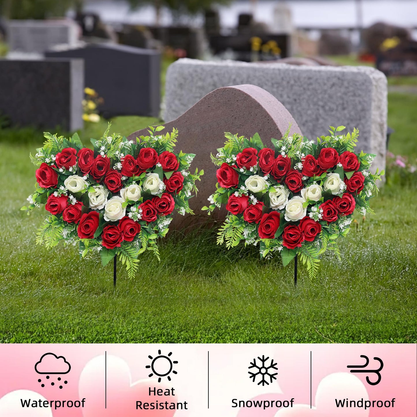 Lodou 2 Sets Artificial Cemetery Flowers, Grave Memorial Flowers with Ground Spike,Heart Shaped Wreaths Rose Flowers for Artificial Rose Decoration for Cemetery Headstones Gravesites (red)