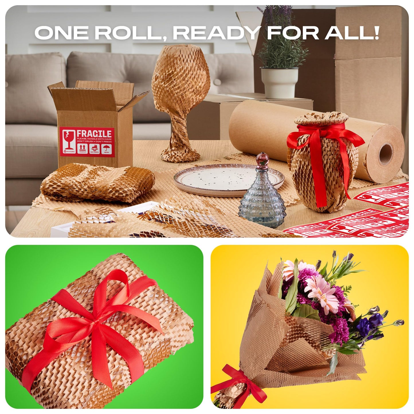 eco4plan Honeycomb Packing Paper | Extra Thick 90 GSM Packing Wrap | Biodegradable Packing Materials: 15” x 400’ Moving Paper + 30 Fragile Stickers | Paper Bubble Wrap/Packing Bubbles Substitute