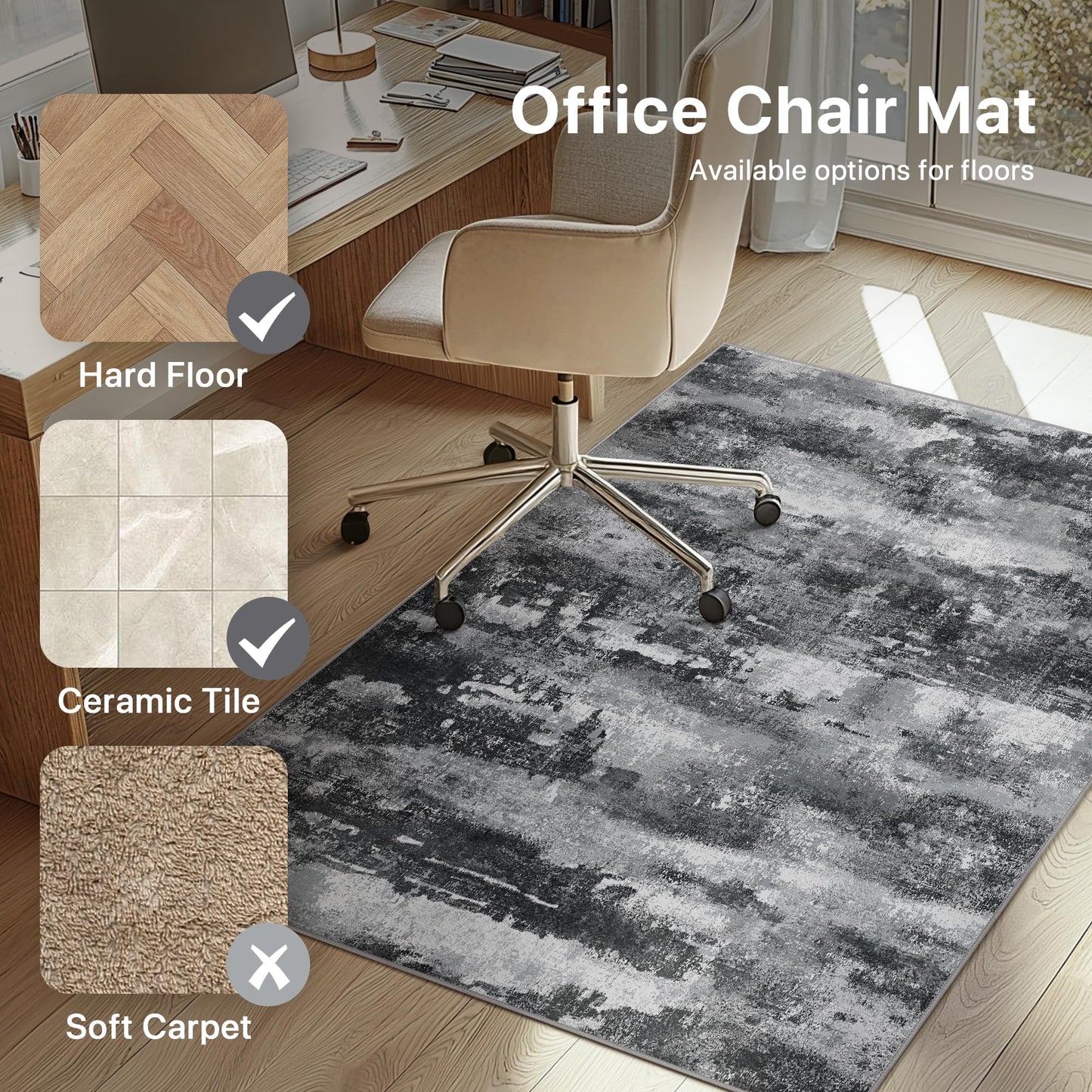 Office Chair Mat for Hardwood Tile Floor, Abstract 36"X 48" Desk Mats for Office Chair on Rolling Chairs Carpet, Desk Anti-Slip 1/5" Thick Rug for Computer Chair, Thin Low-Pile Floor Mat, Dark