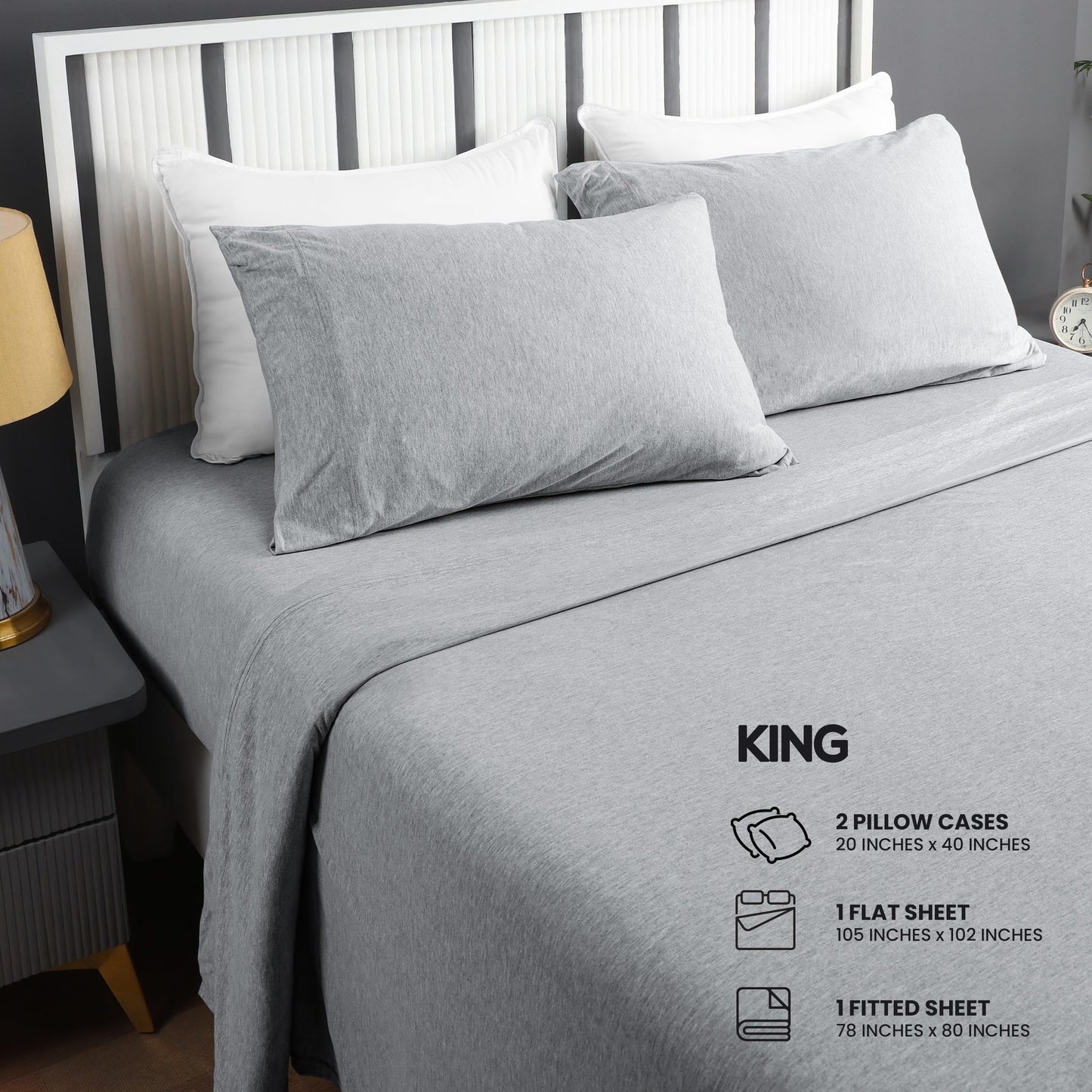 Utopia Bedding King Sheet Set - Jersey Knit Sheets 4 Piece – Cotton – Soft T-Shirt Stretchy Sheets (Heather Light Grey)