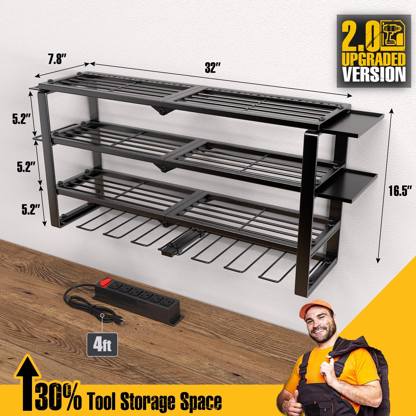 Spampur 420LB Capacity Power Tool Organizer with Charging Station & 6 Outlets | Quick Assembly 4-Layer Heavy Duty Rack for Drills & Batteries | Ultimate Garage Storage & Christmas Gift for Men