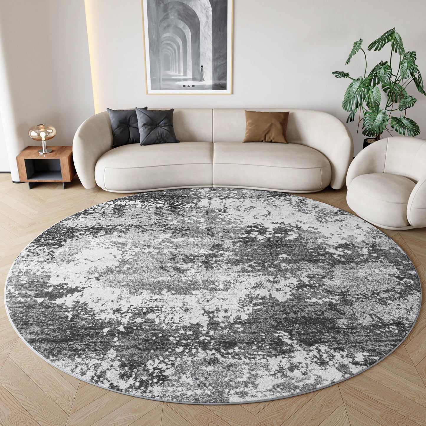 Round Area Rugs 6ft Washable Grey Circle Rug for Entryway Kitchen, Non Slip Soft Low Pile Stain Resistant, Boho Circular Carpet for Living Room Bedroom Dorm Dining Room Table, Abstract Gray