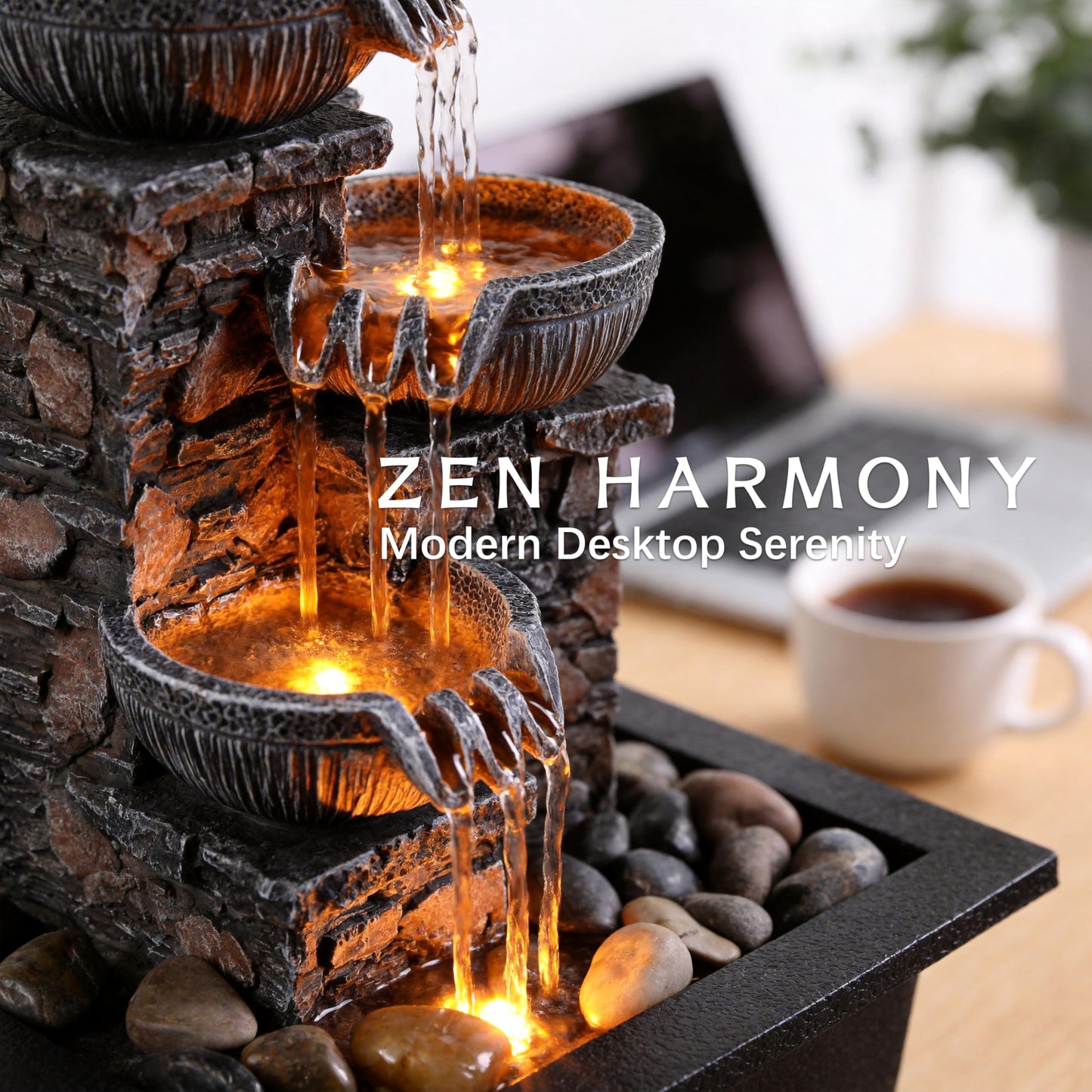 Kalona Tabletop Fountain 3 Bowls with LED Light Soothing Water Flowing Sound Fountain Zen/Meditation Home/Office Decor Home Décor Relaxation Indoor (23113)