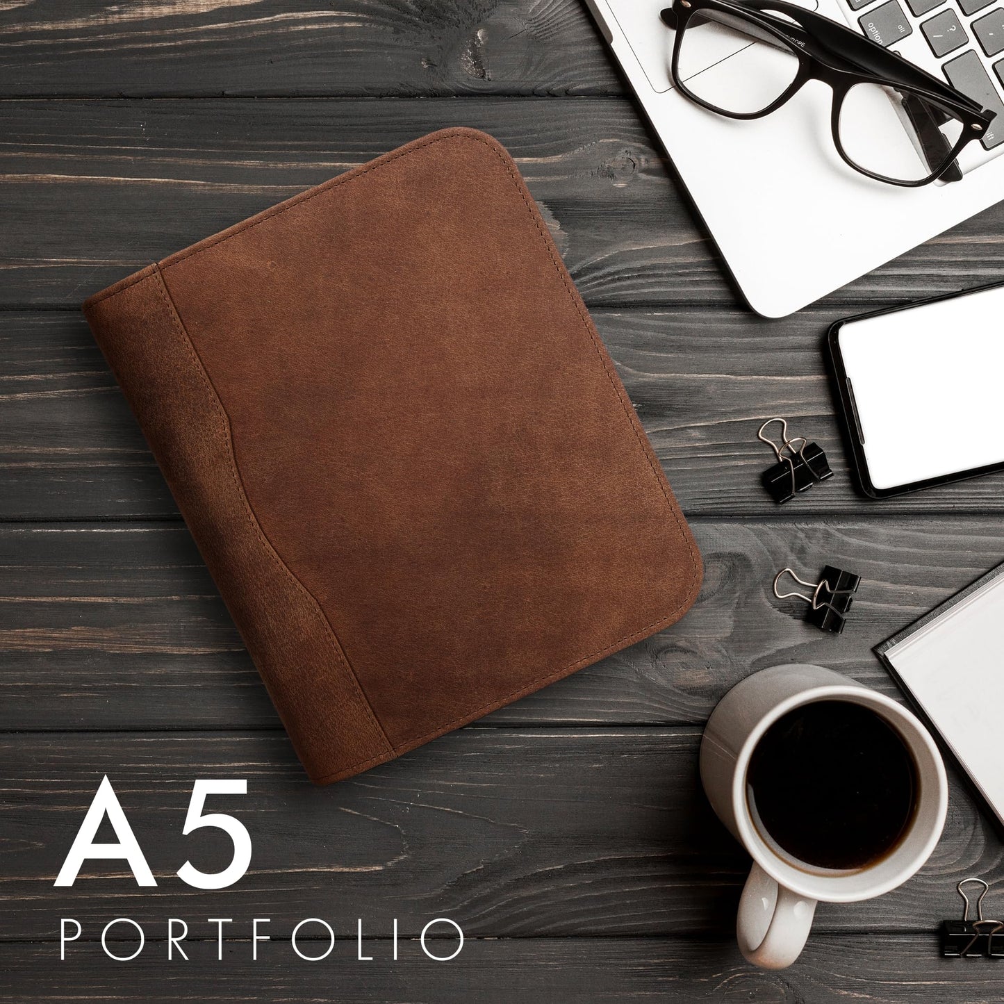 ELIZO Leather A5 Portfolio Padfolio Folio A5 Notebook Journal Cover Planner Binder Small Mens Business Work Folder Organizer (Saddle)