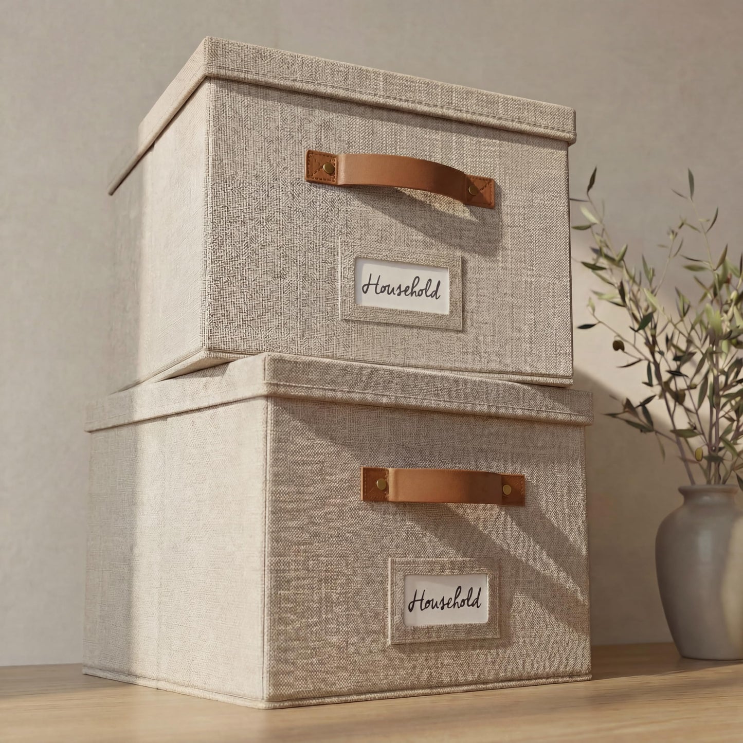 Decorative File Organizer Box Set of 2 - Collapsible Linen Filing Cabinets with Handles Are Perfect to Store All Your Documents & Hanging File Folders - Portable Easy Slide Office Crates with Lid