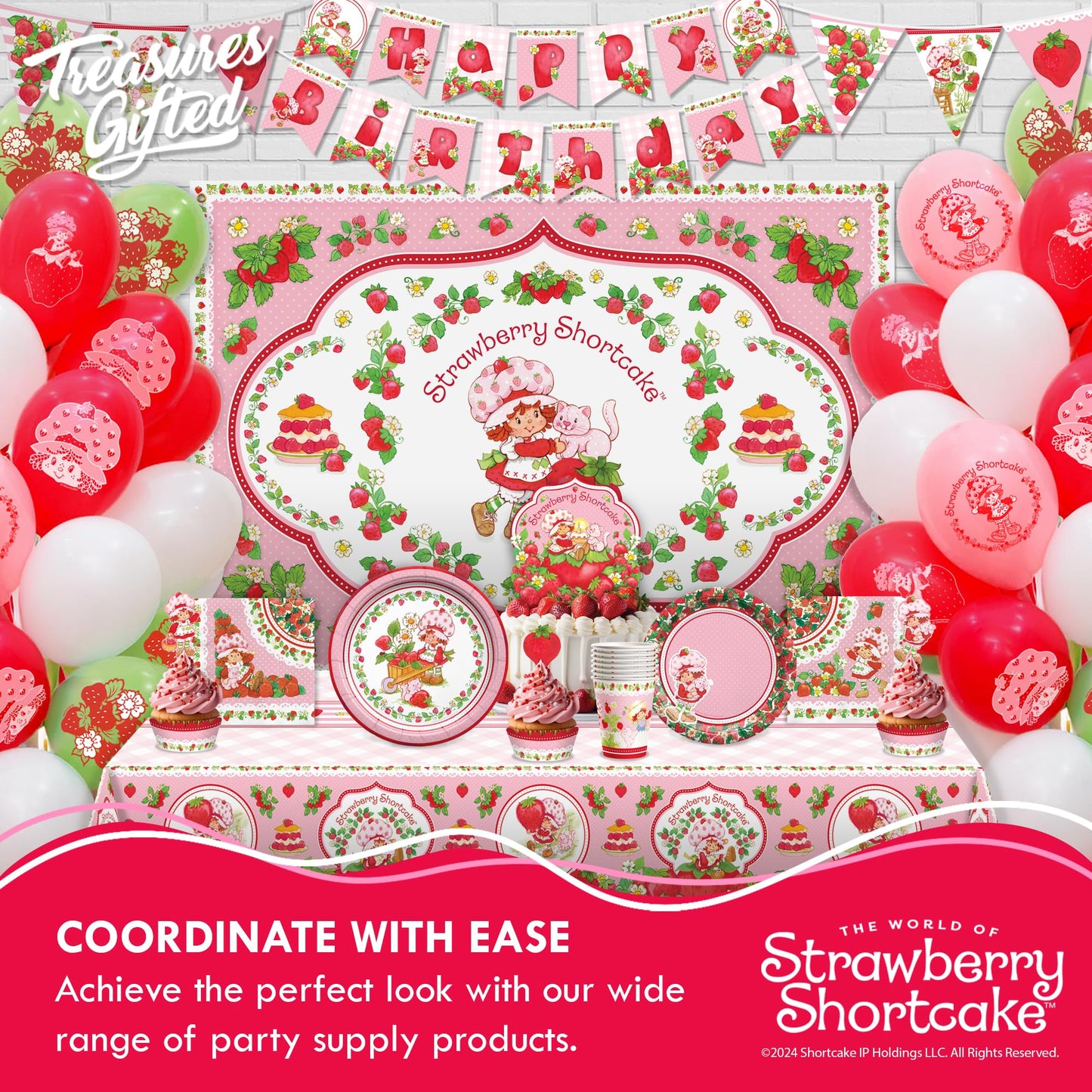 Treasures Gifted Officially Licensed Strawberry Shortcake Decorations - Serves 16 Guests - Complete Set Strawberry Shortcake Baby Shower Decorations - Birthday Party Supplies Accessories