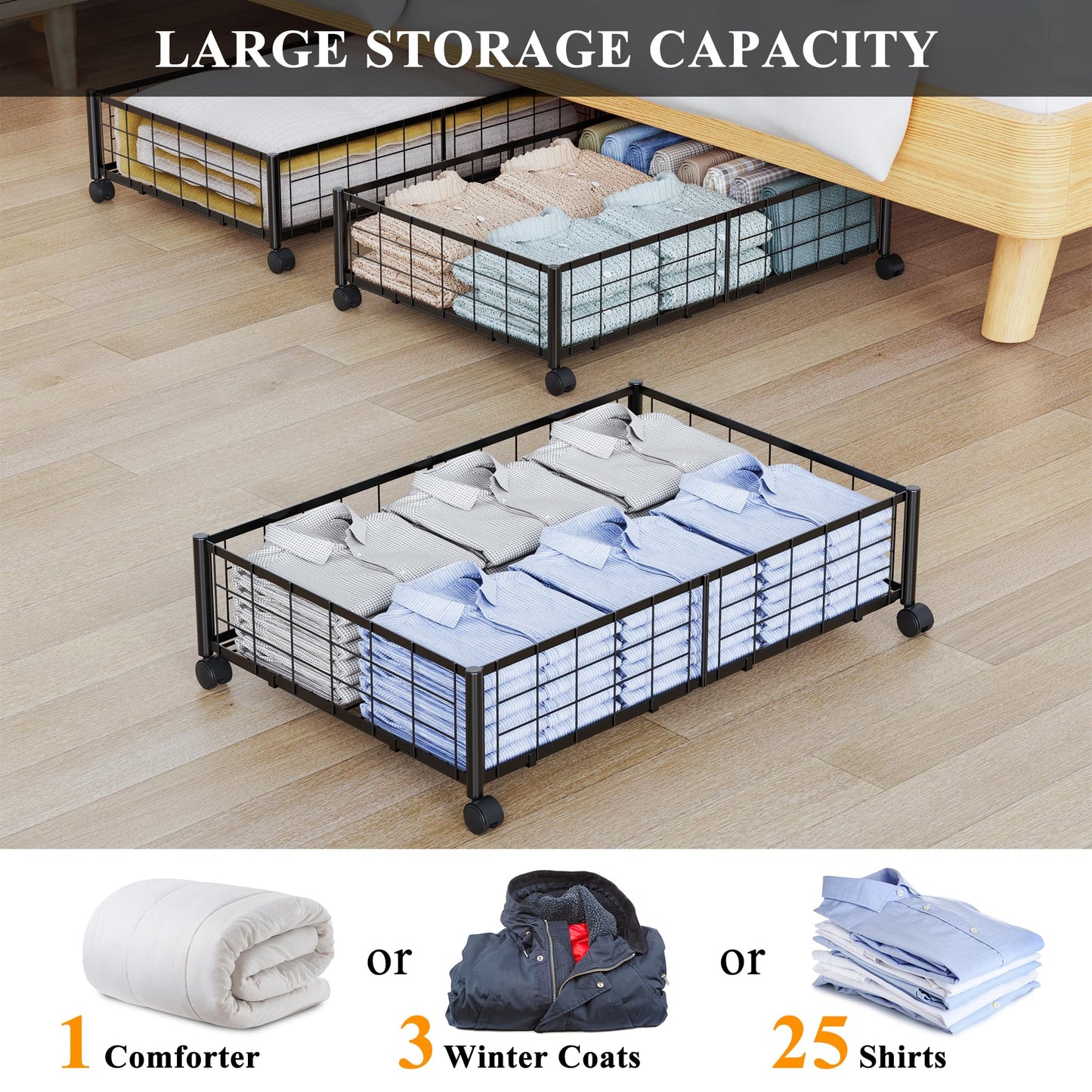 Hleelomi Under Bed Storage with Wheels, 360° Rotating, No-Assembly Underbed Storage Containers, 2PACK