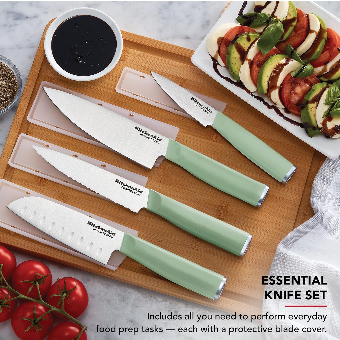 KitchenAid Chef Set with Custom Fit Covers, Sharp Kitchen Knife, Japanese Stainless Steel Blade, 4 Piece, Pistachio