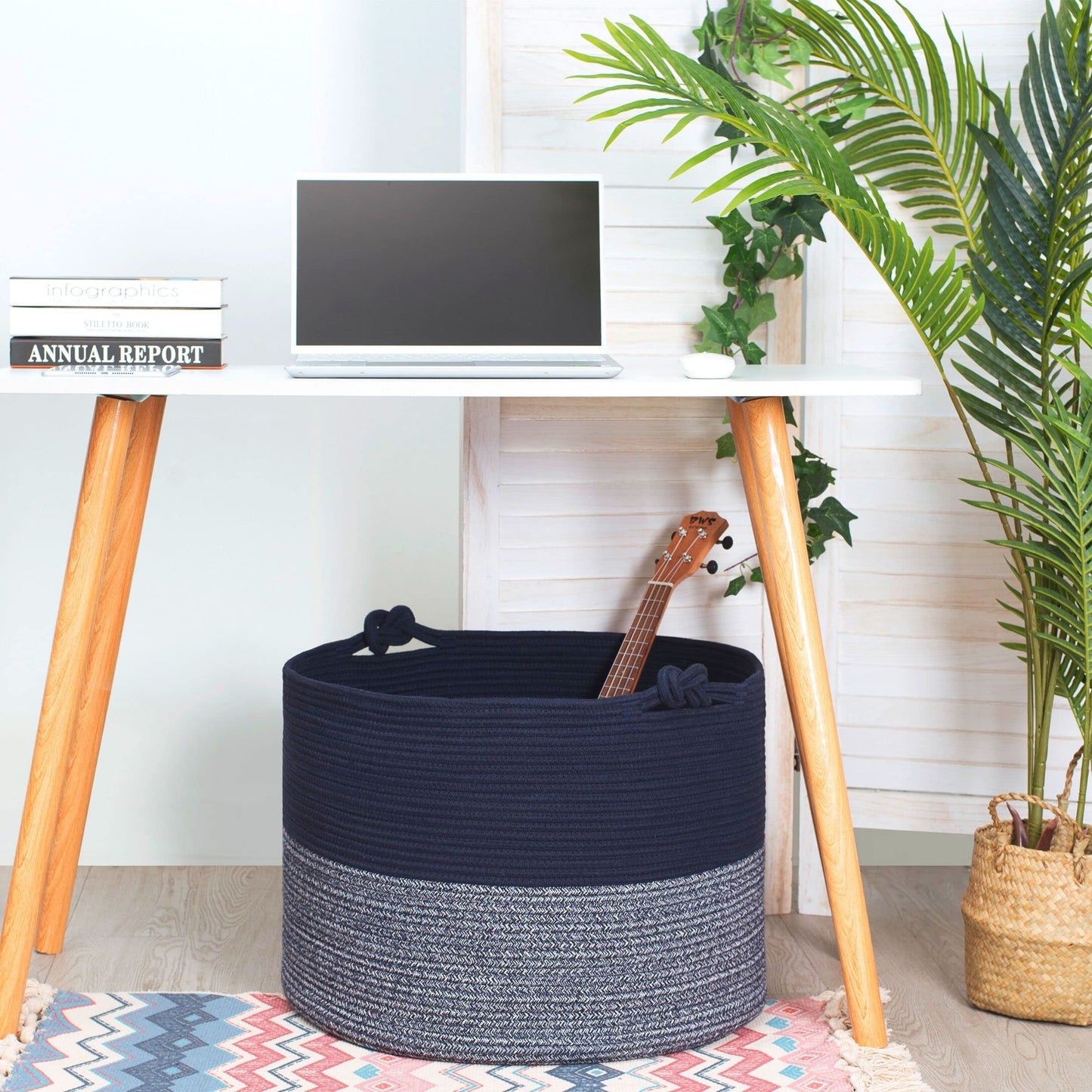 MINTWOOD Design Extra Large 22 x 16in Decorative Woven Cotton Rope Blanket Storage Basket Bin Living Room with Handles and Laundry Hamper for Pillows, Pool Towels, Dog Toys, Shoes, Navy Blue